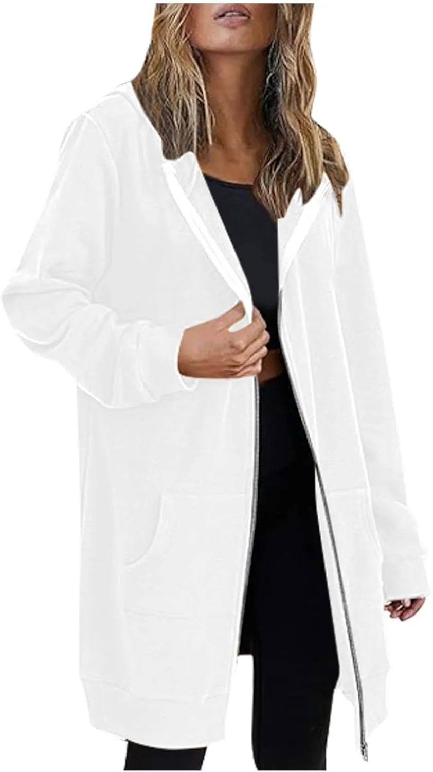 Full Zip Up Hoodies for Women Lightweight Long Sleeve Long Tunic Sweatshirt Oversize Casual Loose Outdoor Jackets Pockets