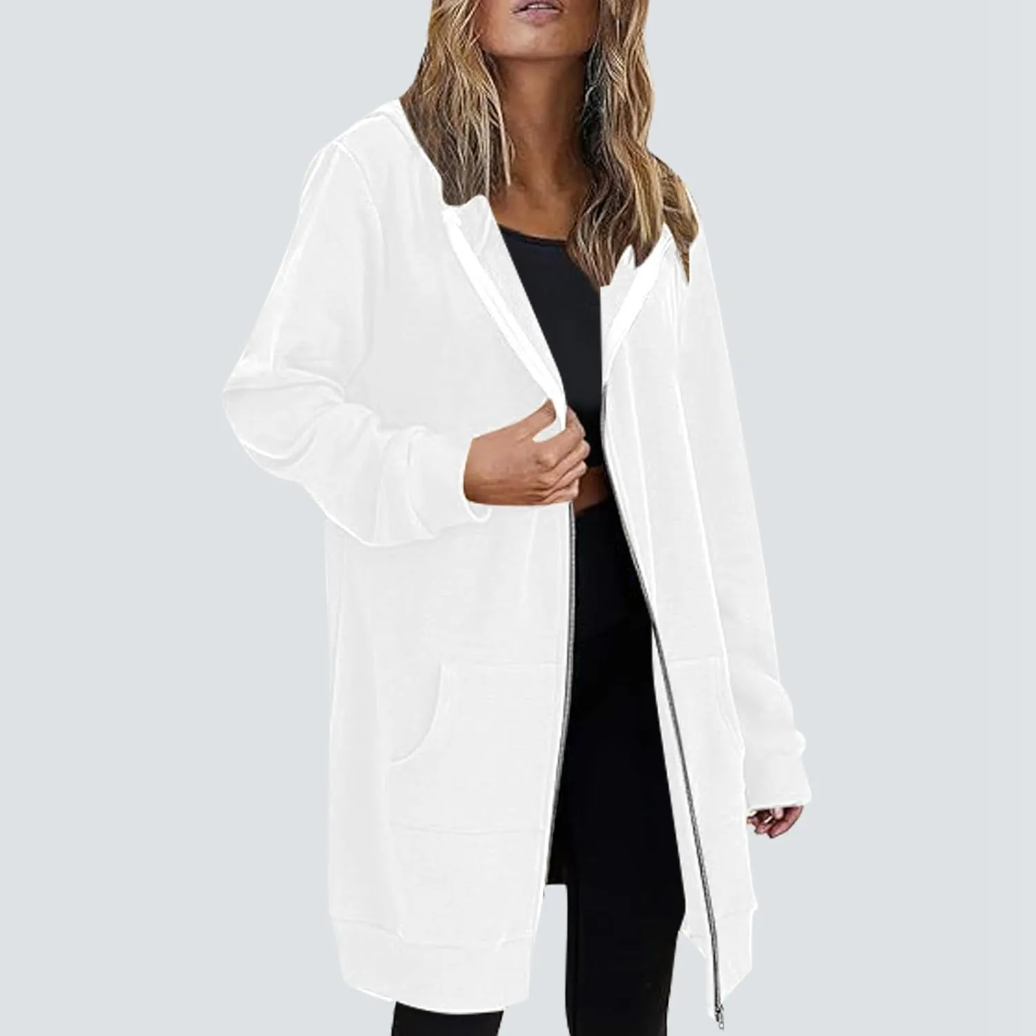 Full Zip Up Hoodies for Women Lightweight Long Sleeve Long Tunic Sweatshirt Oversize Casual Loose Outdoor Jackets Pockets