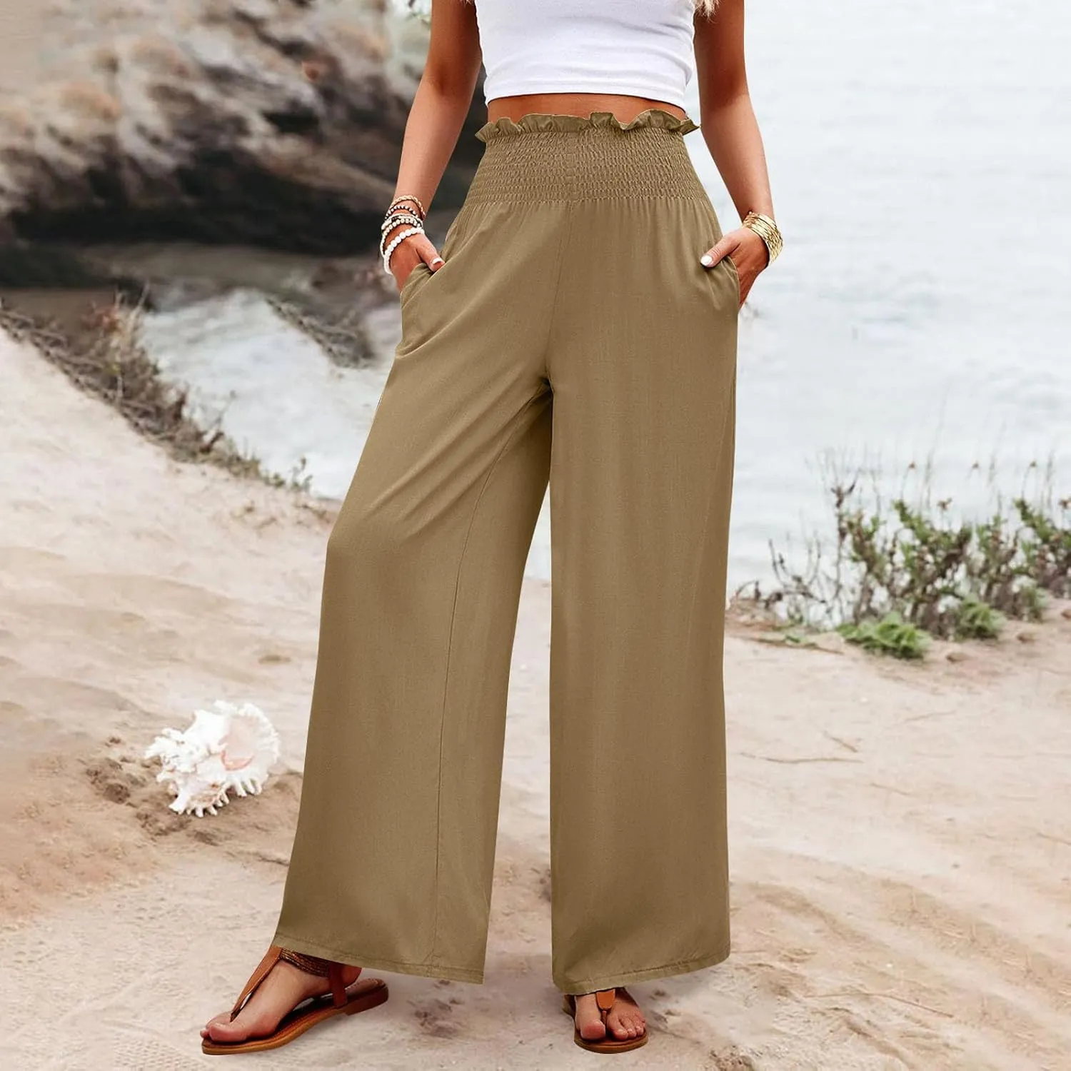 GOFULY Cotton Linen Pants for Women Wide Leg Trendy High Rise Pants Elastic Waist 2025 Summer Soft Solid Trouser with Pockets