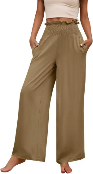GOFULY Cotton Linen Pants for Women Wide Leg Trendy High Rise Pants Elastic Waist 2025 Summer Soft Solid Trouser with Pockets