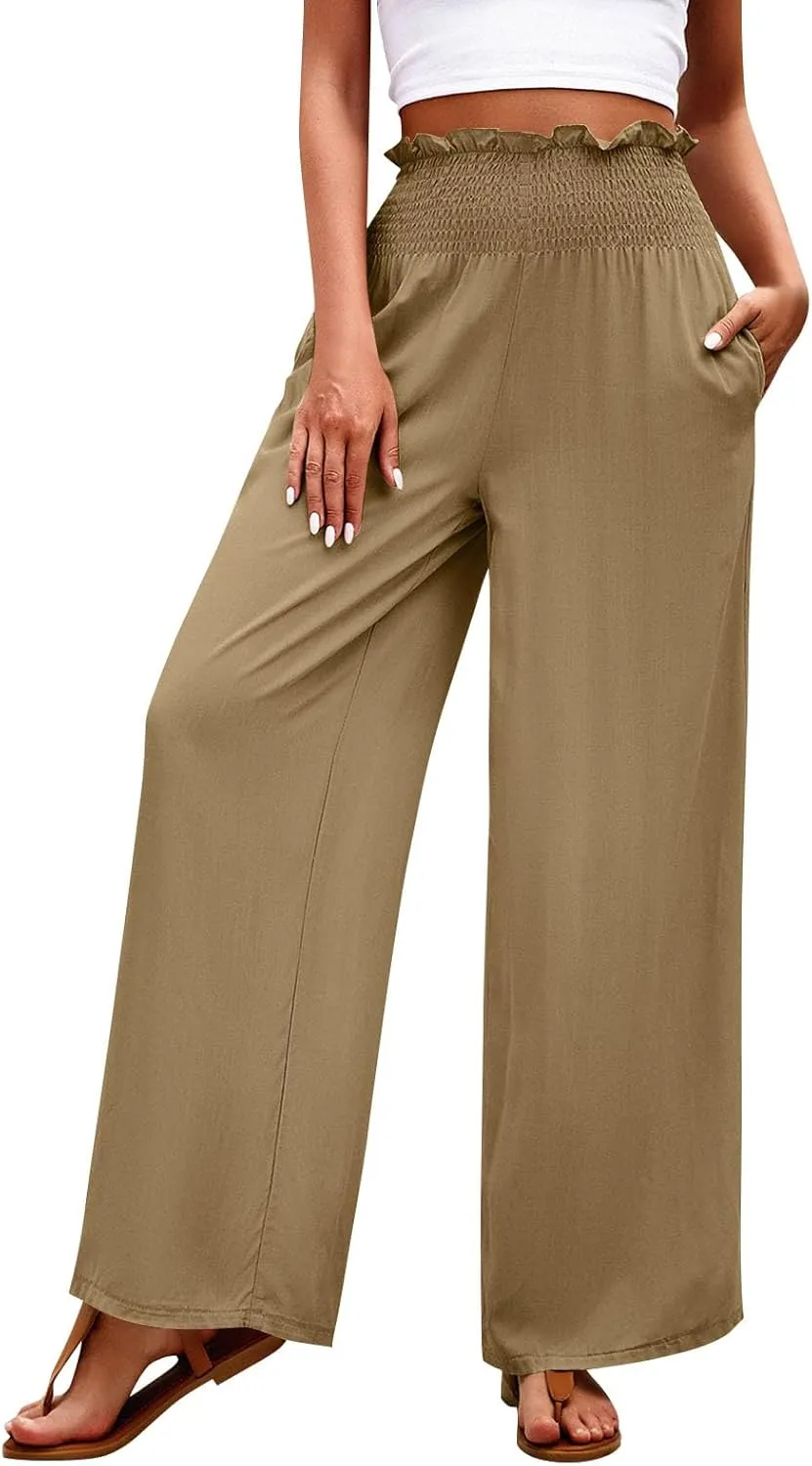 GOFULY Cotton Linen Pants for Women Wide Leg Trendy High Rise Pants Elastic Waist 2025 Summer Soft Solid Trouser with Pockets
