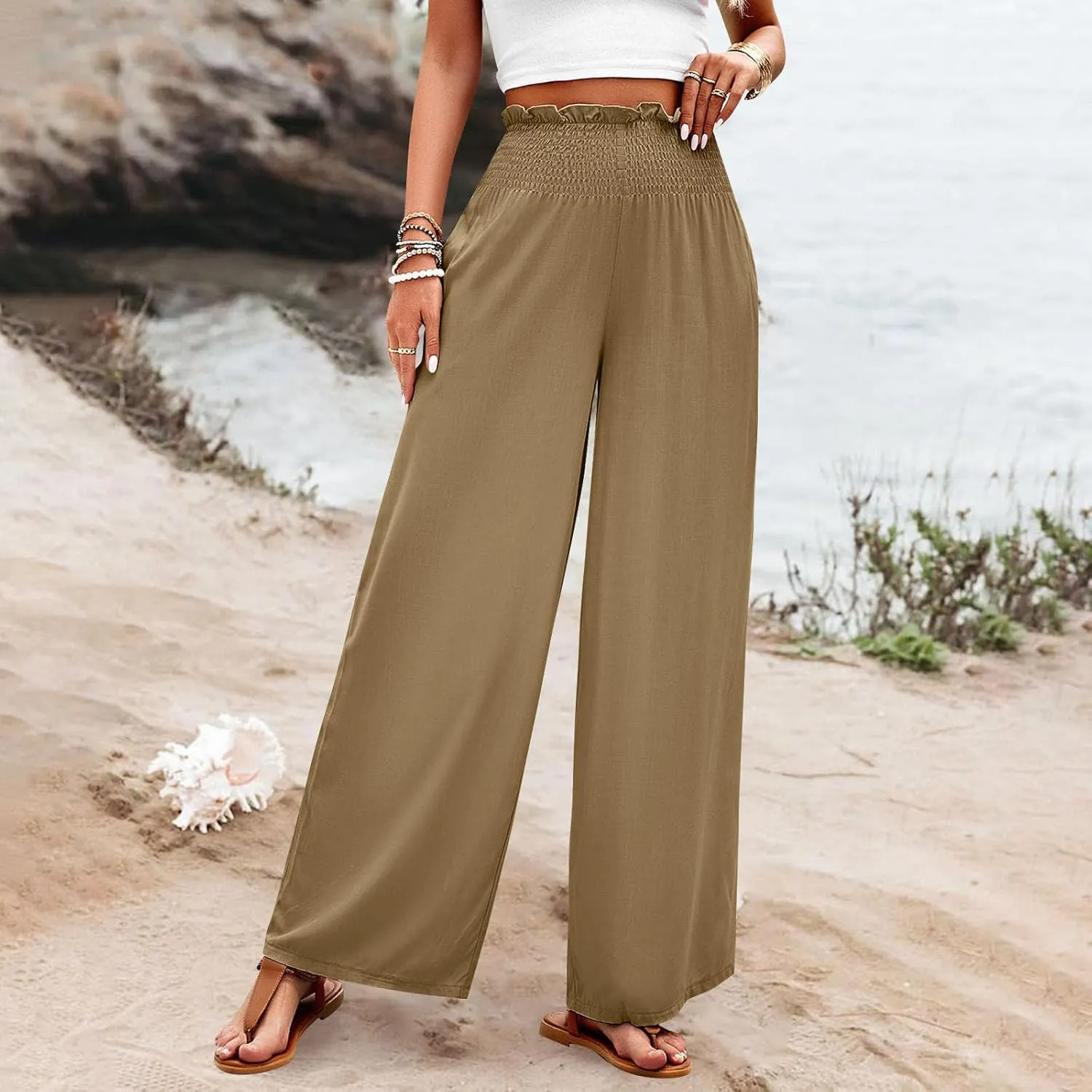 GOFULY Cotton Linen Pants for Women Wide Leg Trendy High Rise Pants Elastic Waist 2025 Summer Soft Solid Trouser with Pockets