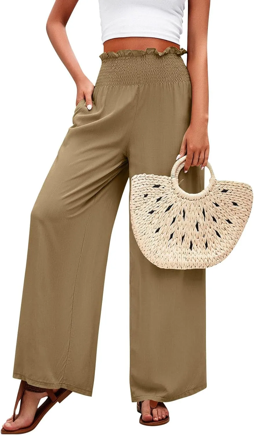 GOFULY Cotton Linen Pants for Women Wide Leg Trendy High Rise Pants Elastic Waist 2025 Summer Soft Solid Trouser with Pockets