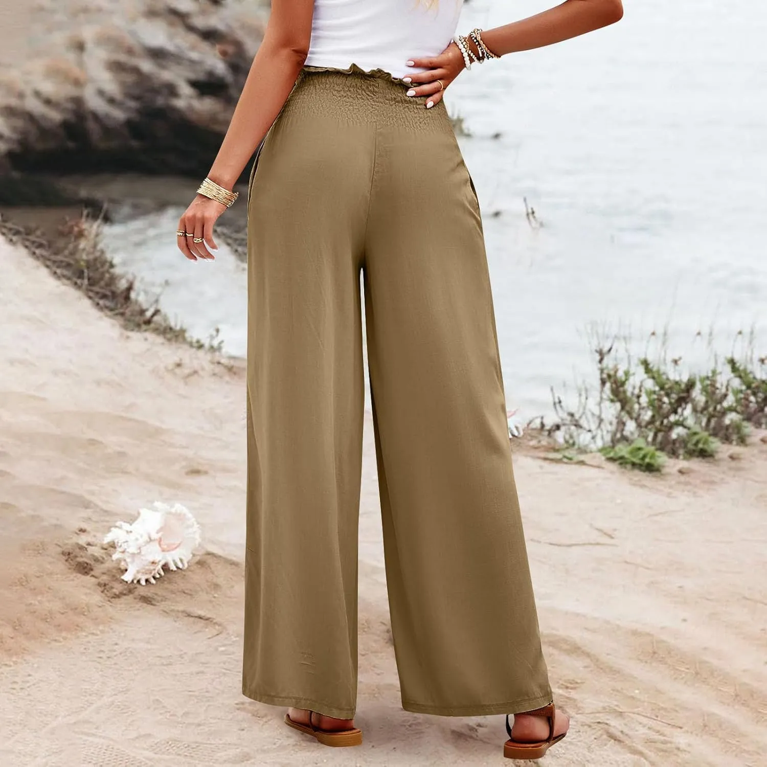 GOFULY Cotton Linen Pants for Women Wide Leg Trendy High Rise Pants Elastic Waist 2025 Summer Soft Solid Trouser with Pockets