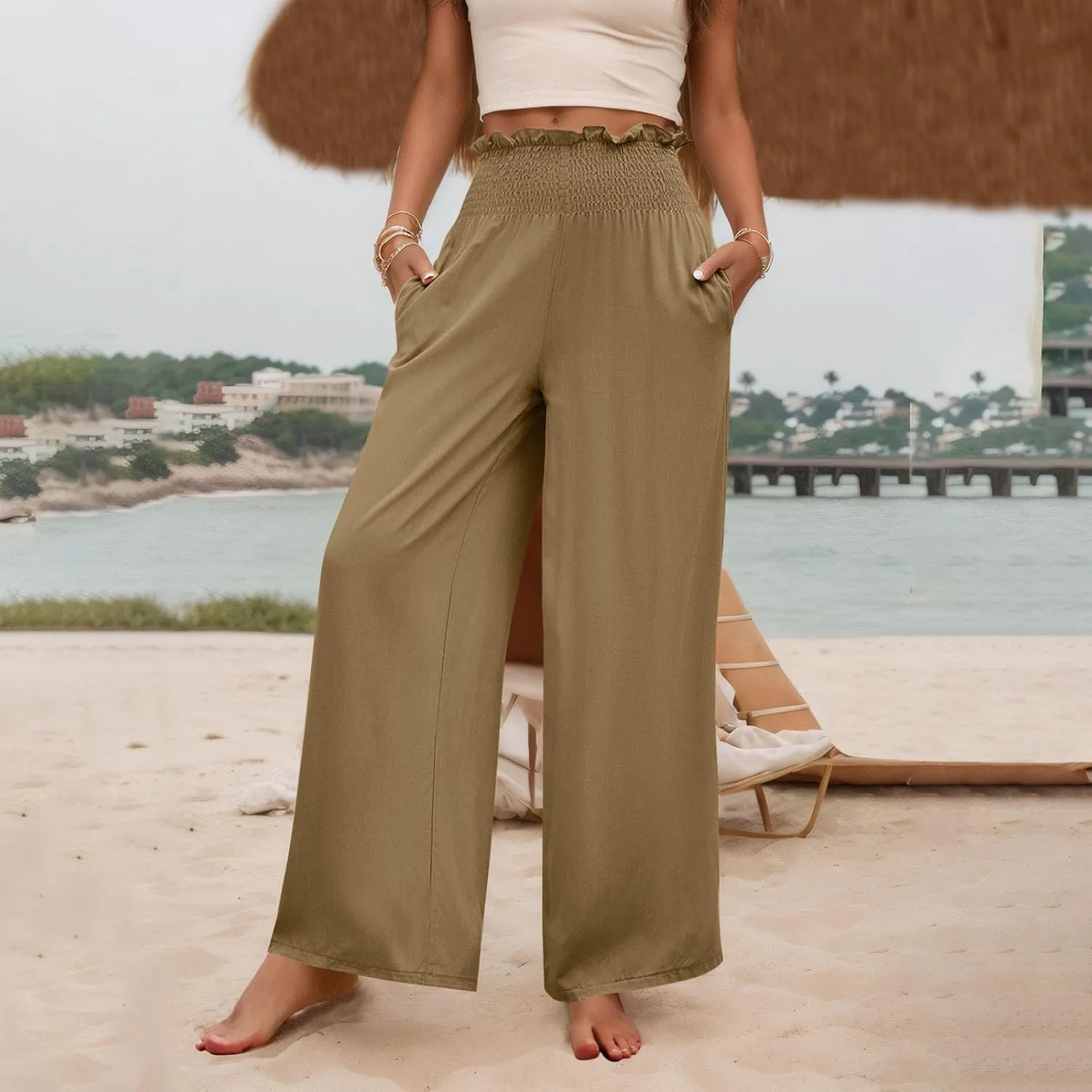 GOFULY Cotton Linen Pants for Women Wide Leg Trendy High Rise Pants Elastic Waist 2025 Summer Soft Solid Trouser with Pockets