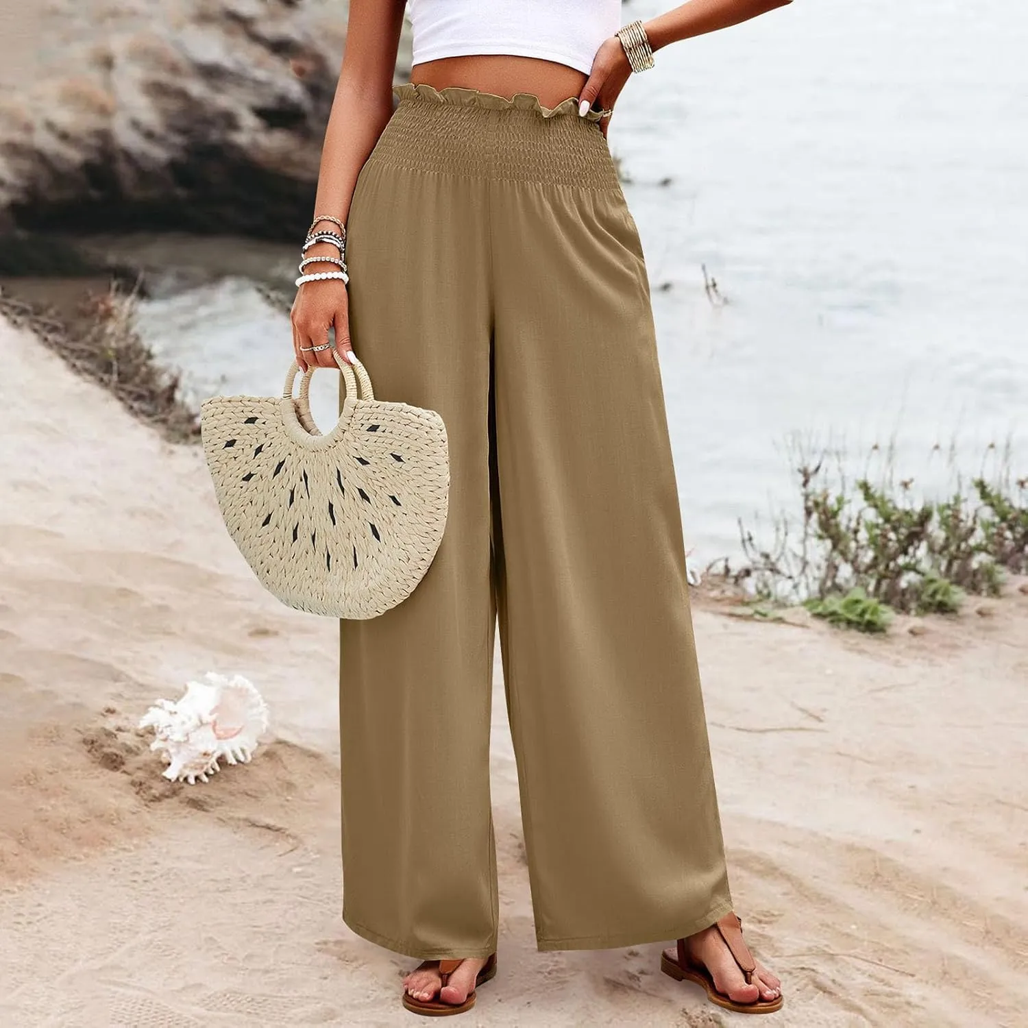 GOFULY Cotton Linen Pants for Women Wide Leg Trendy High Rise Pants Elastic Waist 2025 Summer Soft Solid Trouser with Pockets