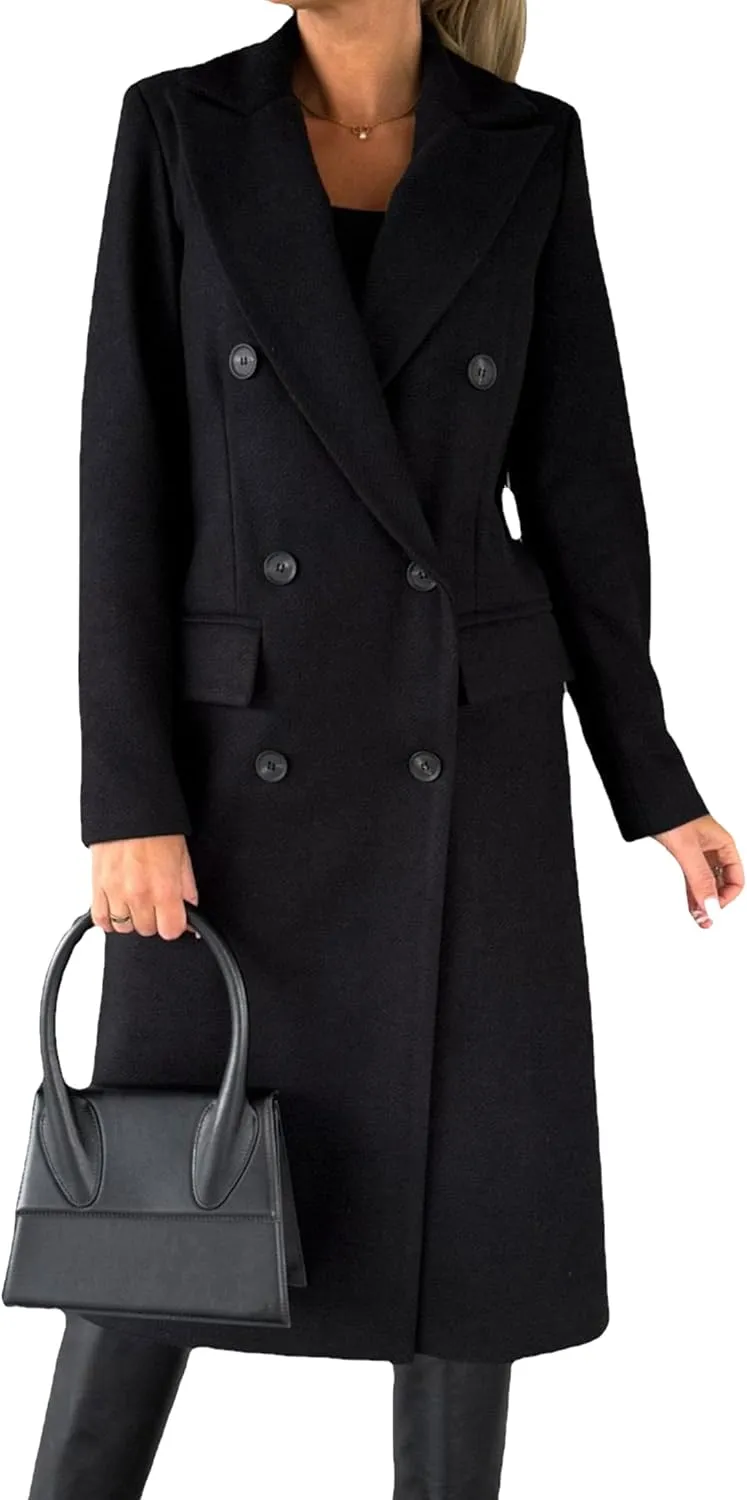GORIFE Women's Double Breasted Long Coats Lapel Collar Winter Pea Coat Trench Slim Fit Jackets Coat Outwear