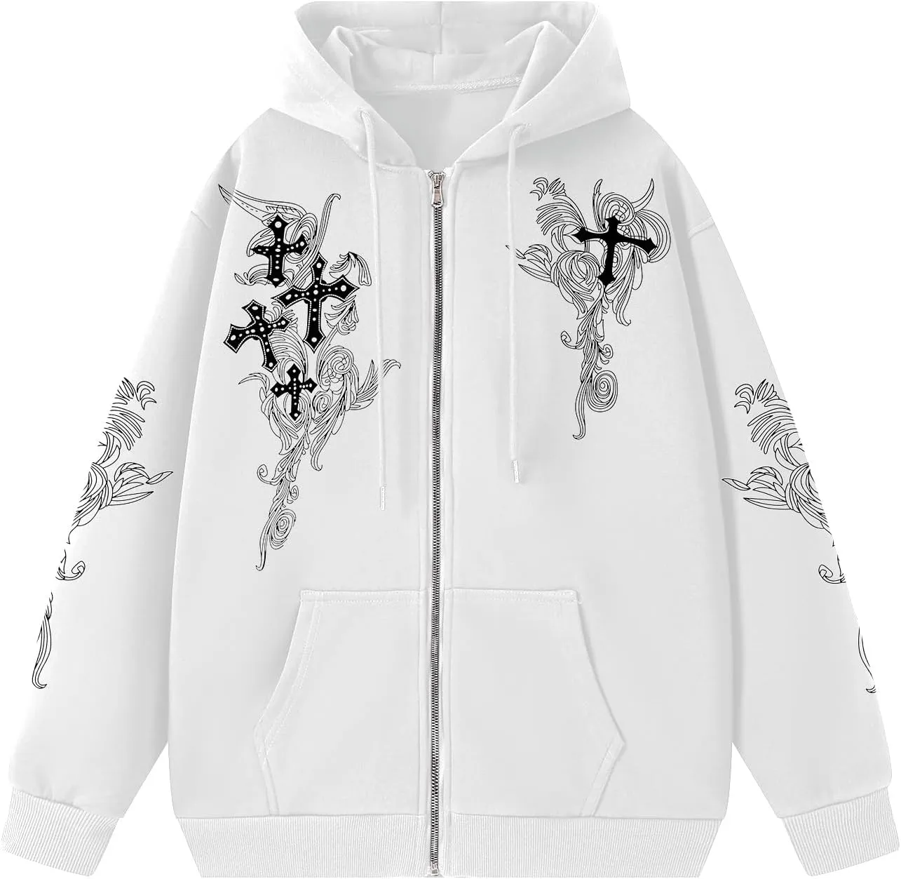 Goth Zip Up Hoodie Women Grunge Cross Graphic Jacket Y2k Aesthetic Zipper Hoodies Vintage Harajuku Sweatshirt Unisex