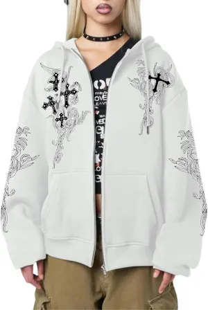 Goth Zip Up Hoodie Women Grunge Cross Graphic Jacket Y2k Aesthetic Zipper Hoodies Vintage Harajuku Sweatshirt Unisex