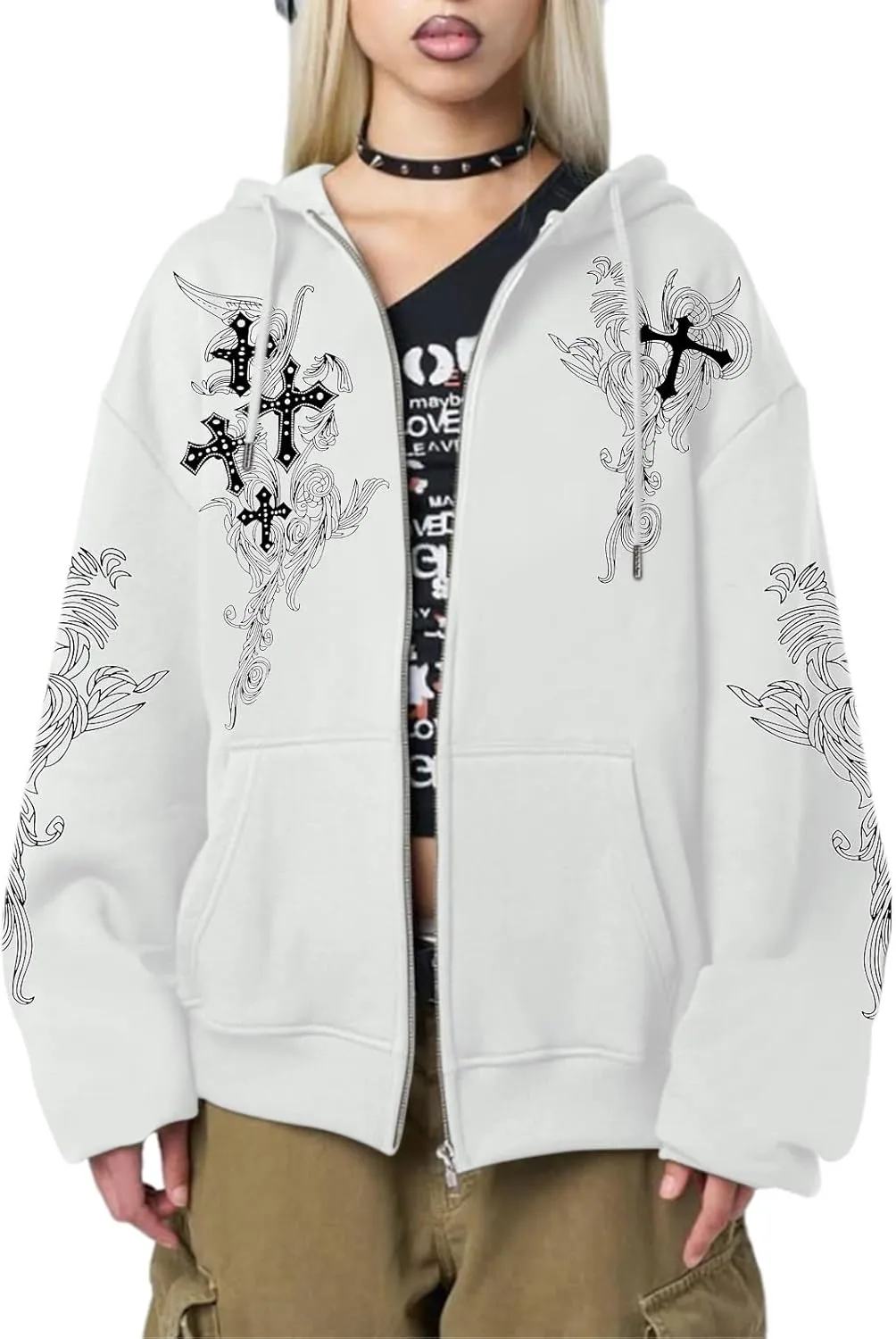 Goth Zip Up Hoodie Women Grunge Cross Graphic Jacket Y2k Aesthetic Zipper Hoodies Vintage Harajuku Sweatshirt Unisex