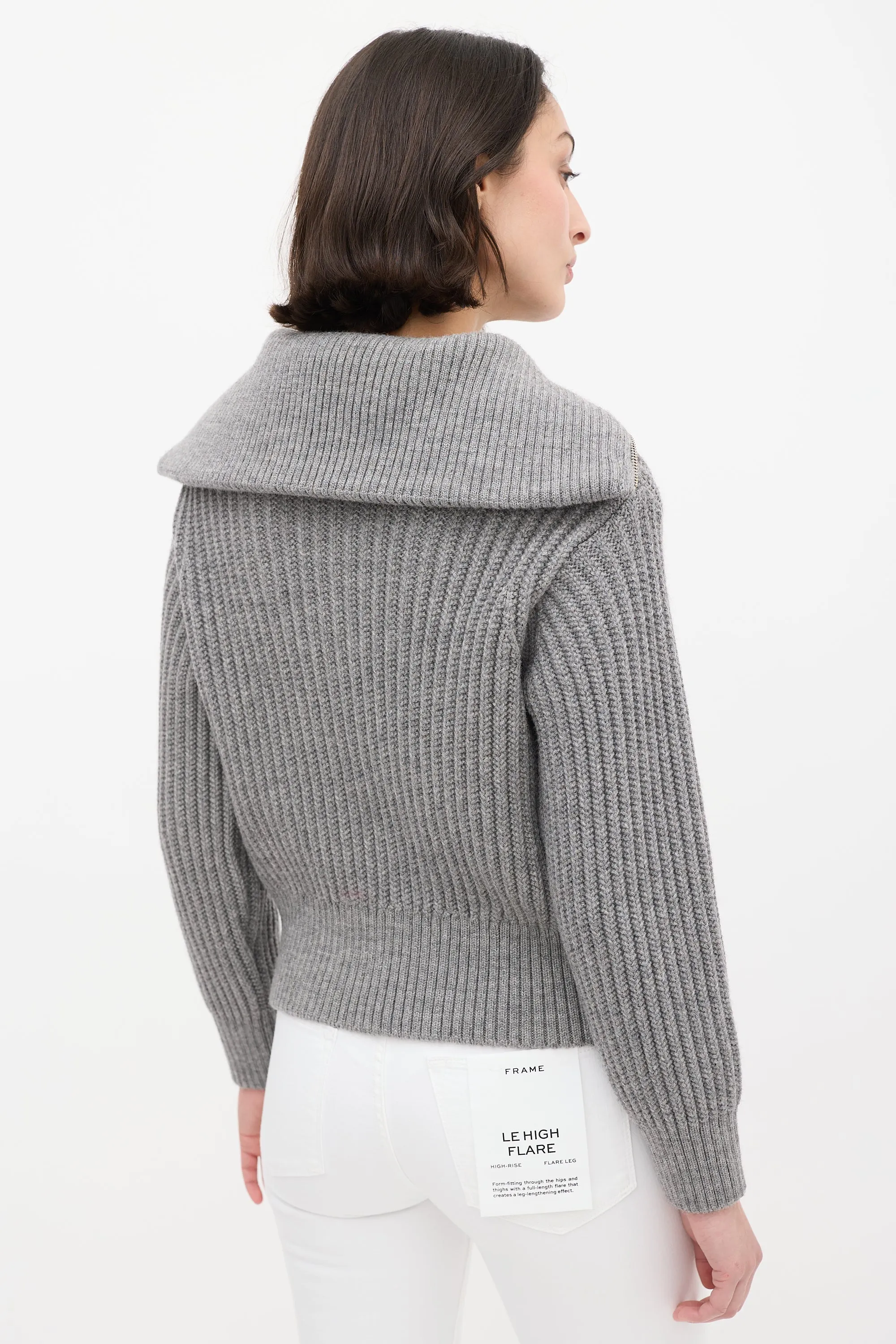 Grey Wool Ribbed Knit Half Zip Sweater