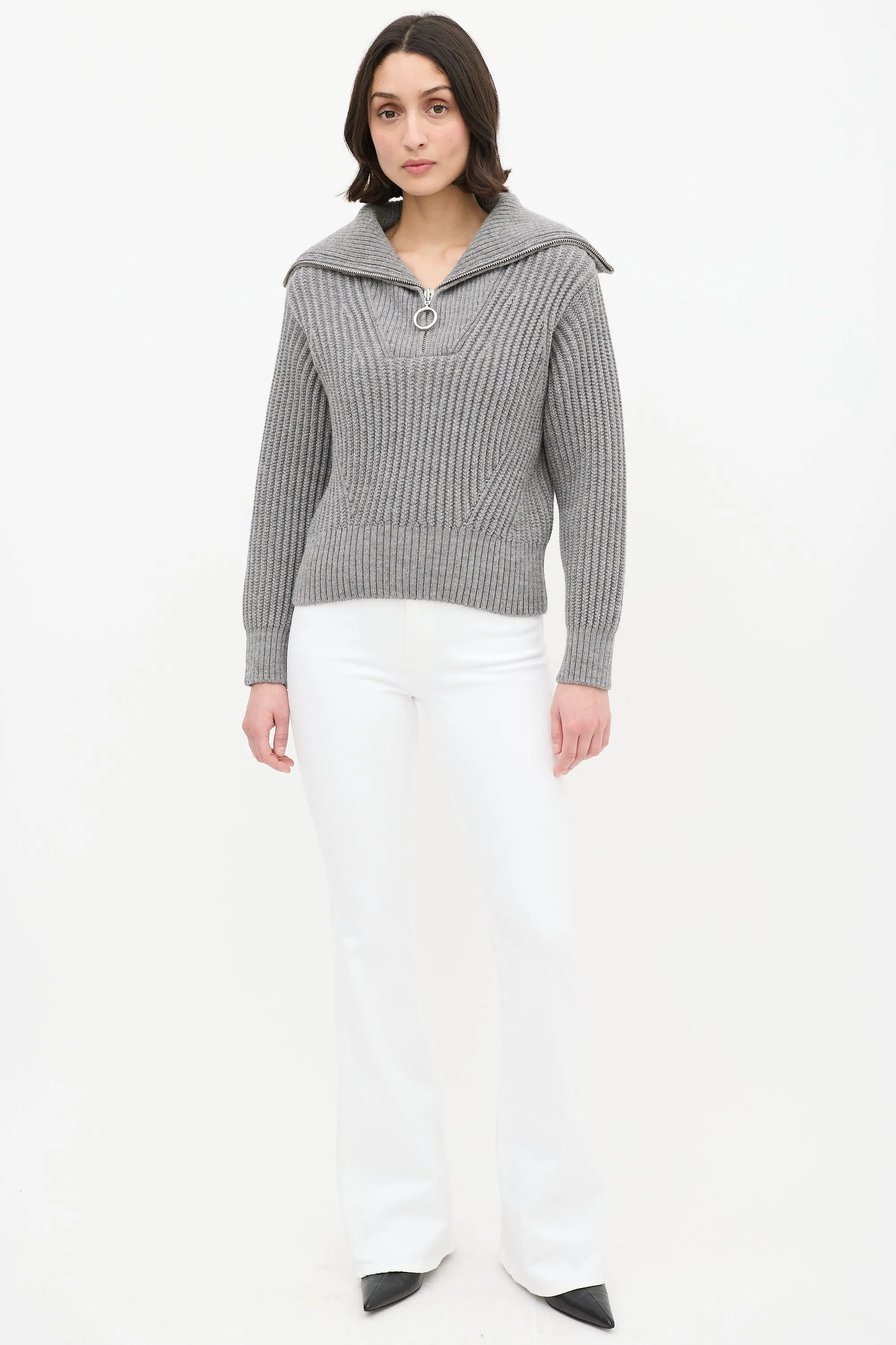 Grey Wool Ribbed Knit Half Zip Sweater