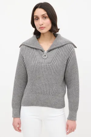 Grey Wool Ribbed Knit Half Zip Sweater