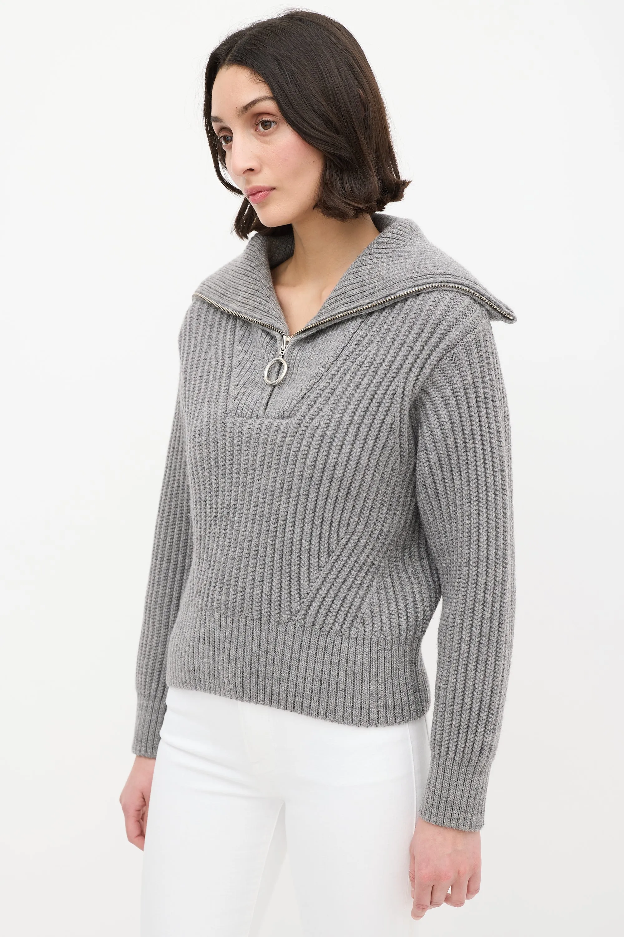 Grey Wool Ribbed Knit Half Zip Sweater
