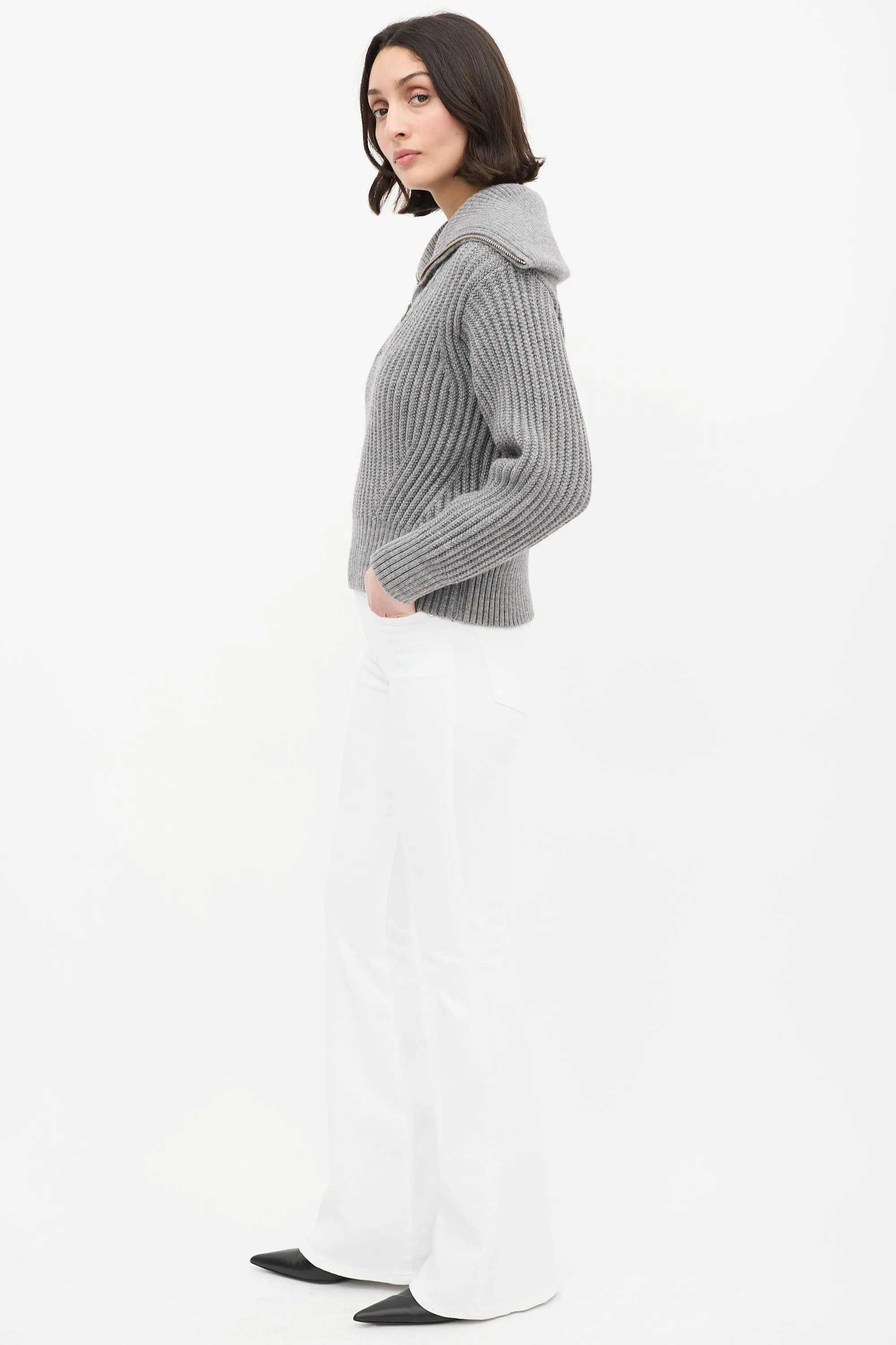 Grey Wool Ribbed Knit Half Zip Sweater