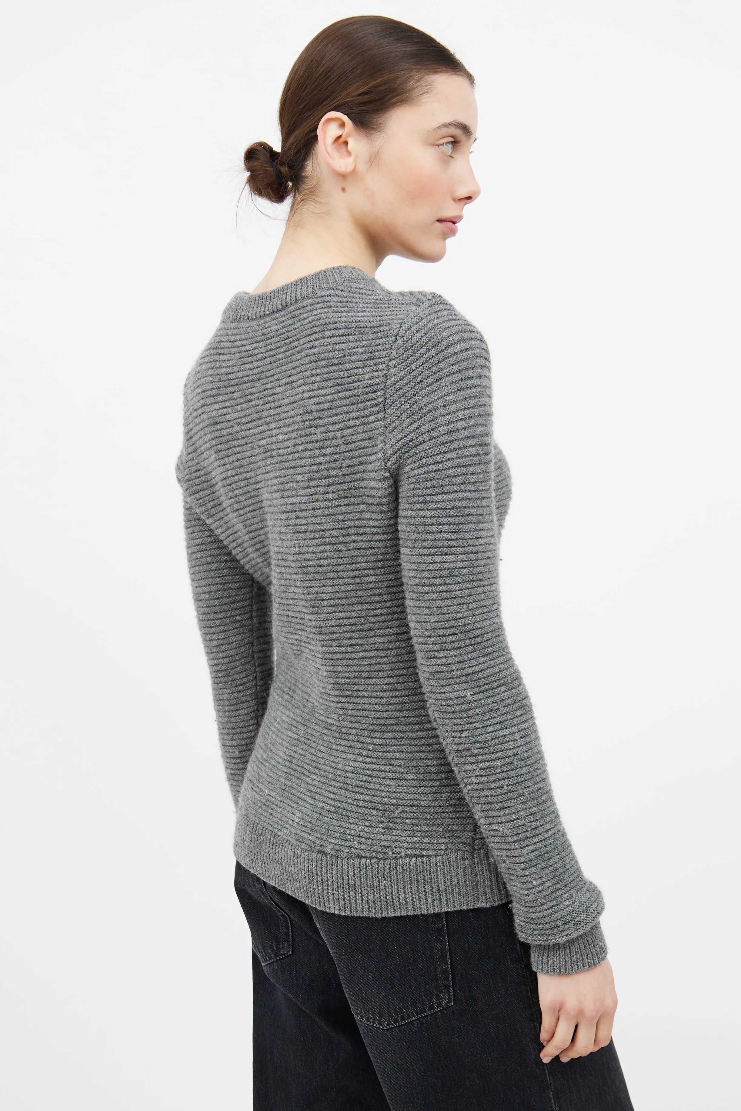 Grey Wool Ribbed Knit Sweater