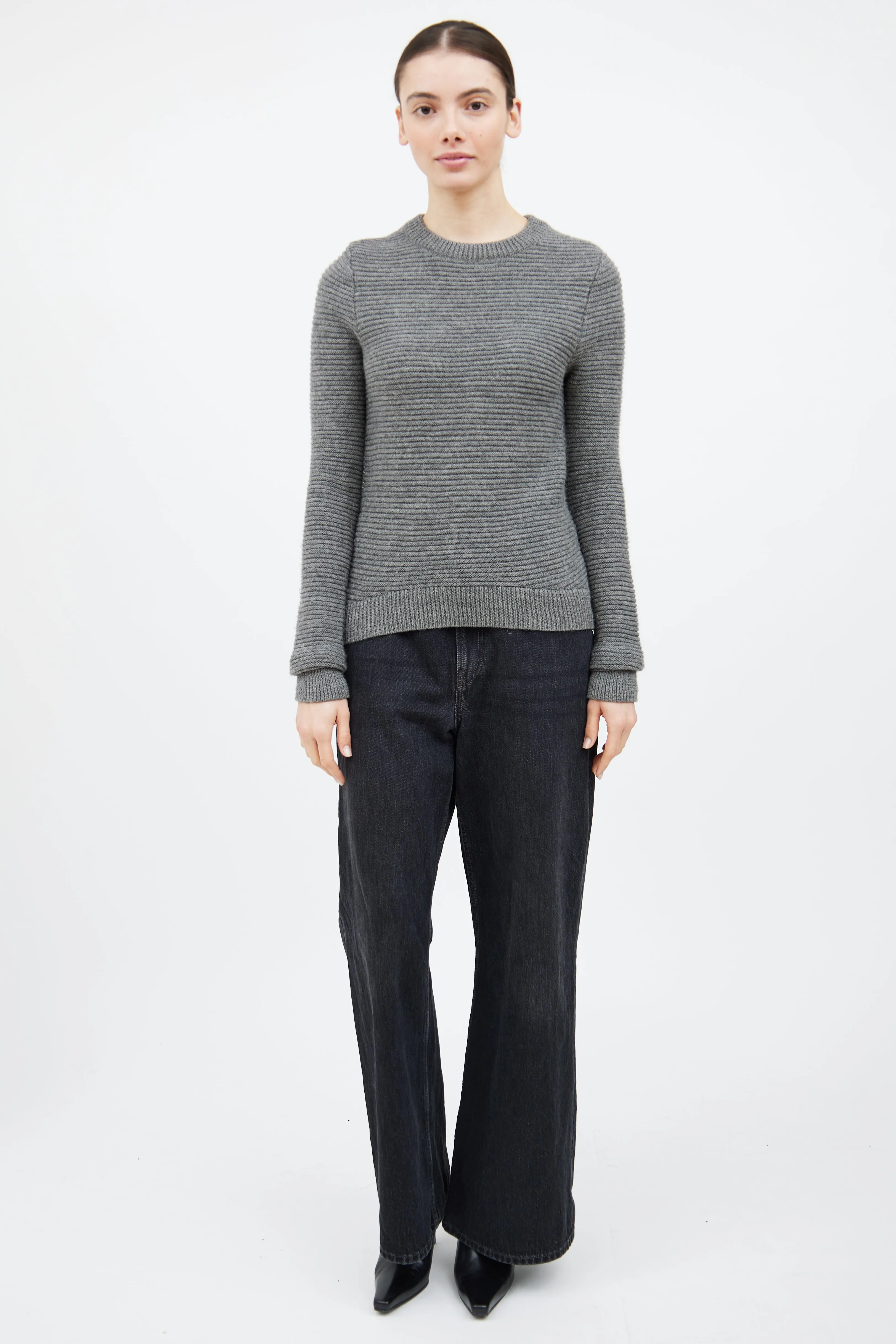 Grey Wool Ribbed Knit Sweater