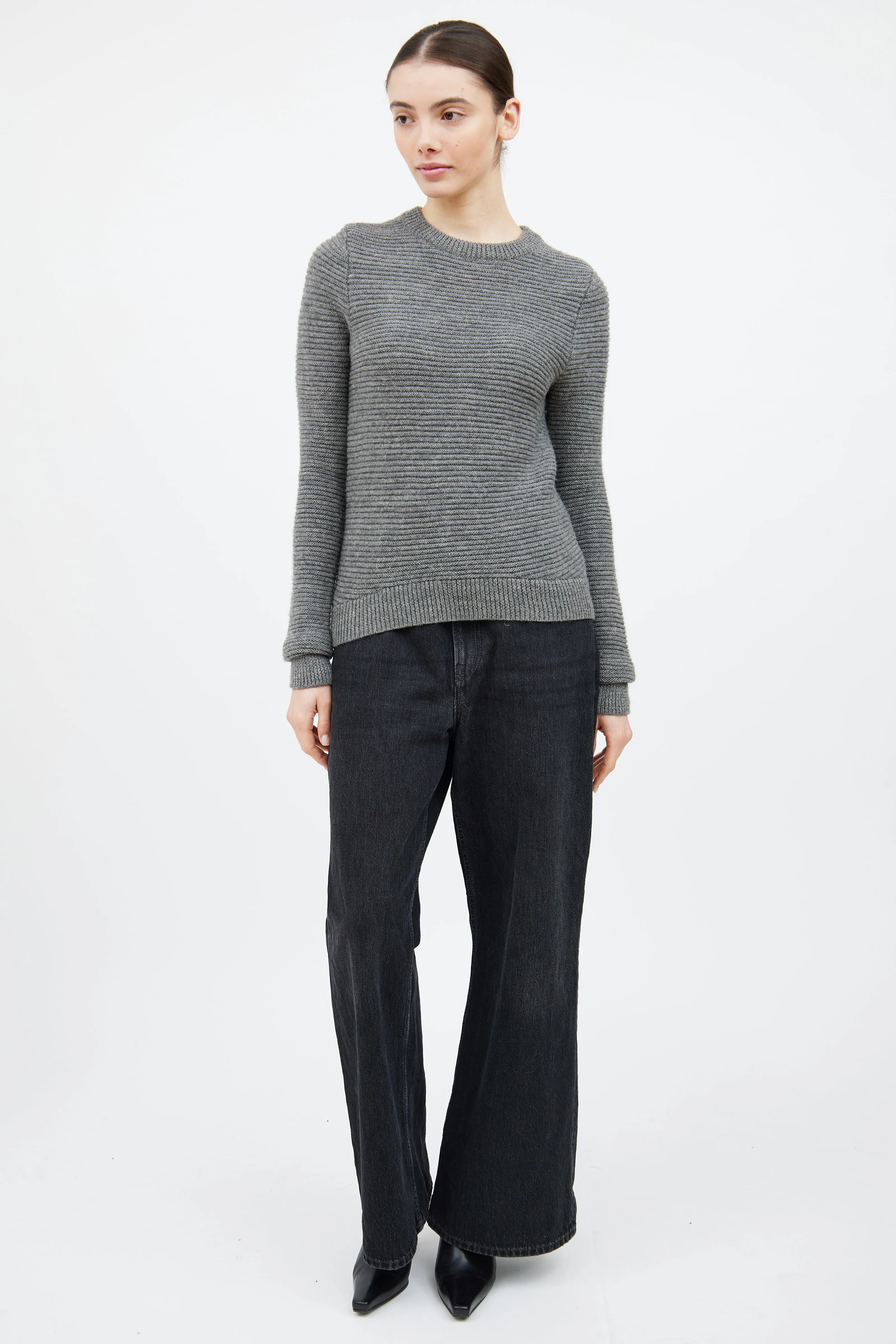 Grey Wool Ribbed Knit Sweater