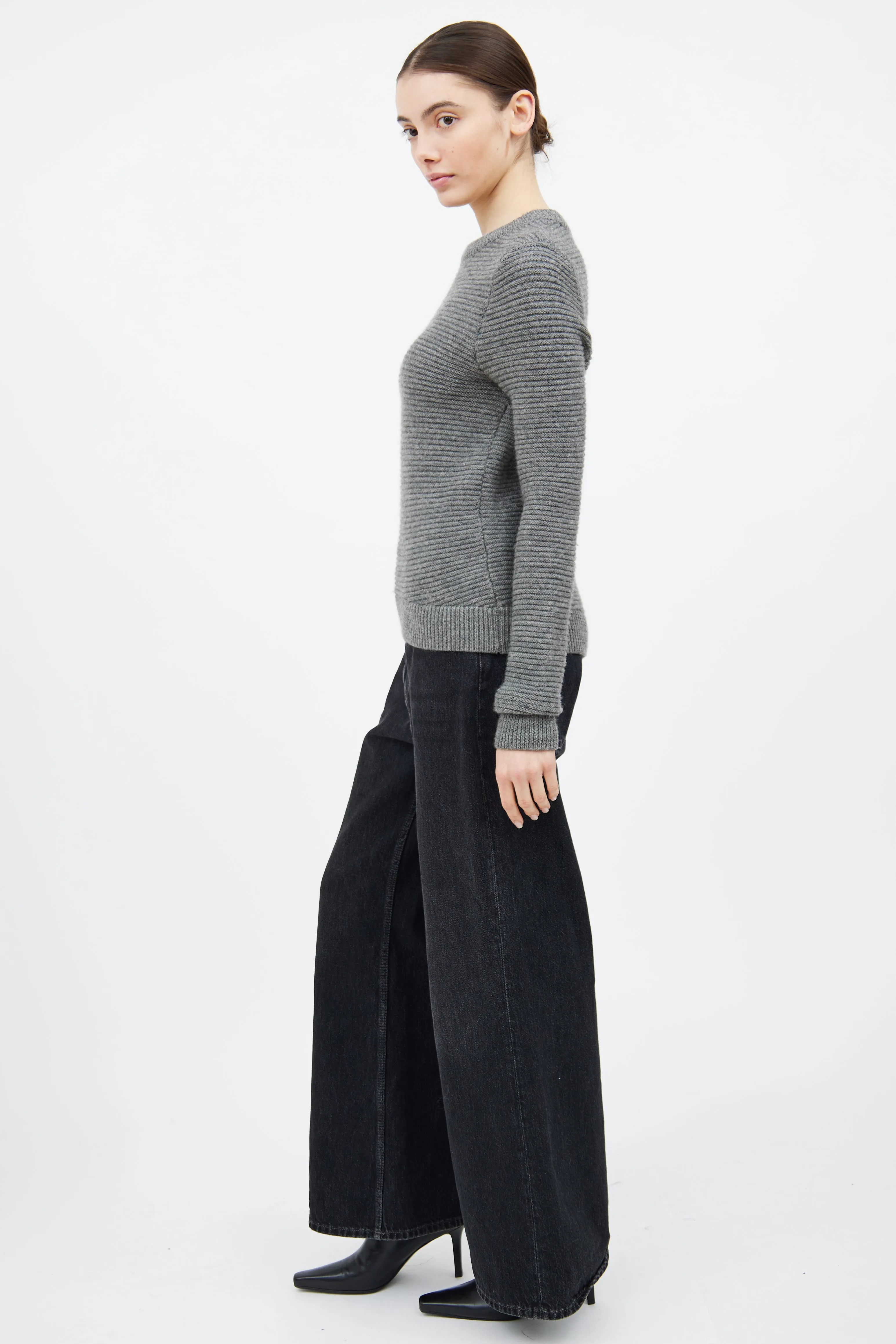 Grey Wool Ribbed Knit Sweater