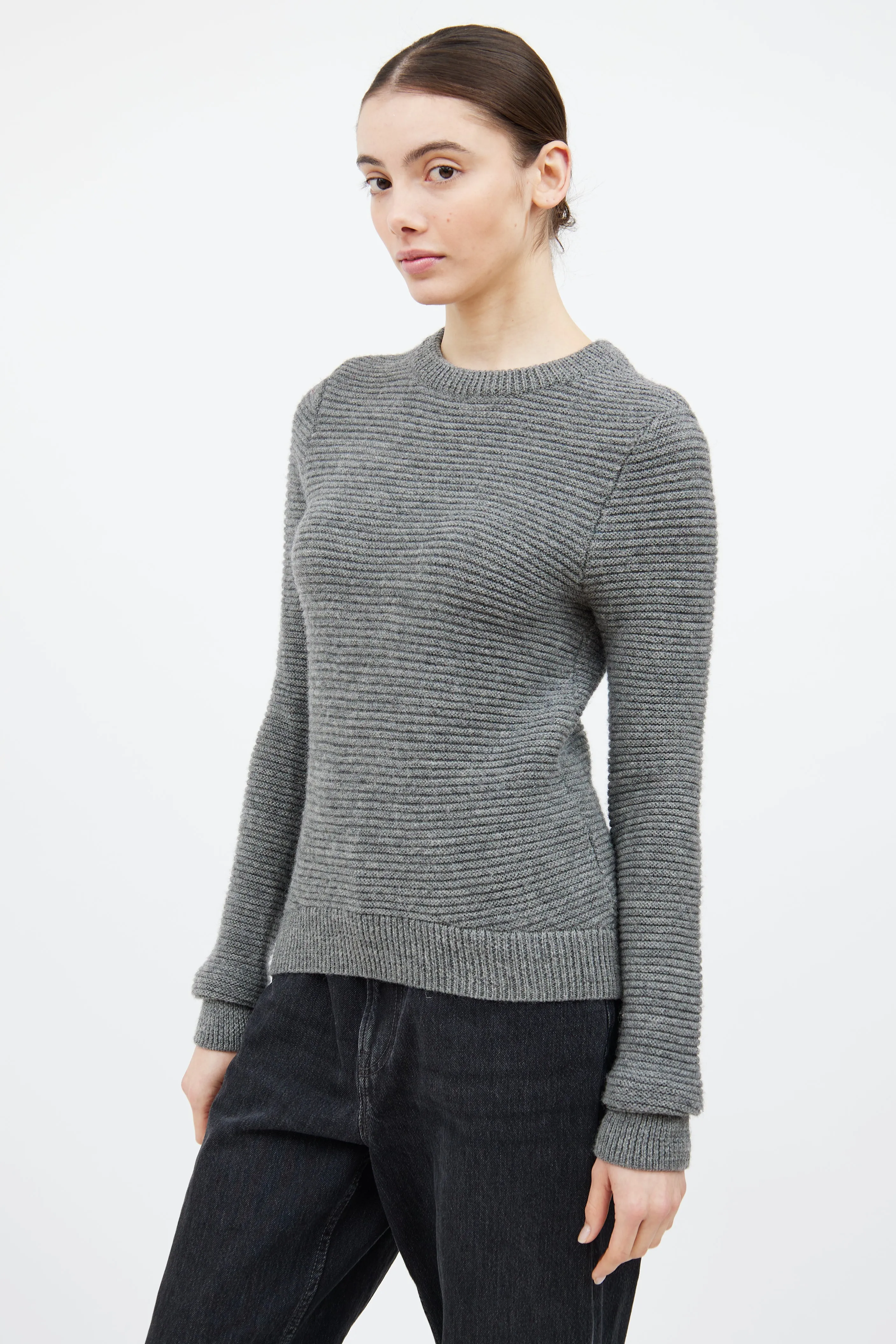 Grey Wool Ribbed Knit Sweater