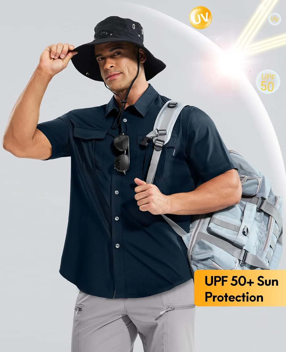 Haimont Men's Sun Protection Shirt Water Resistant Short Sleeve Button Down Shirt Quick Dry Cooling for Hiking Fishing