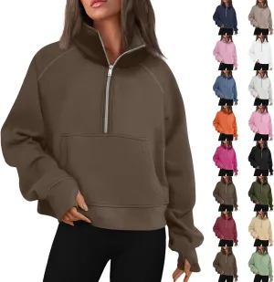Half Zip Sweatshirt Women Fleece Thumb Hole Cropped Sweatshirts Stand Collared Loose Fit Plain Zip Up Pullover Tops