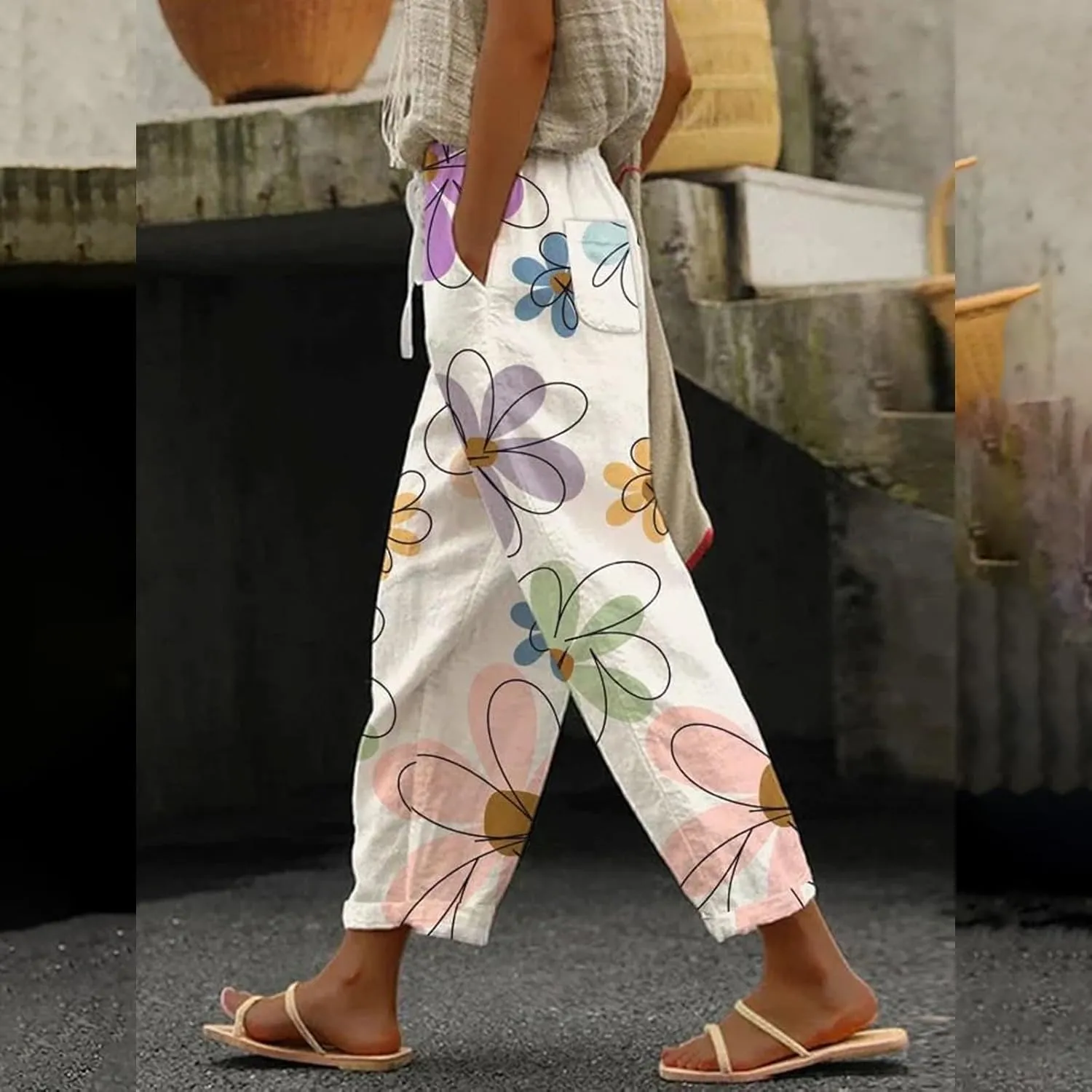Hawaii Capri Linen Pants for Women Casual Tropical Floral Print Elastic High Waist Drawstring Summer Beach Trousers