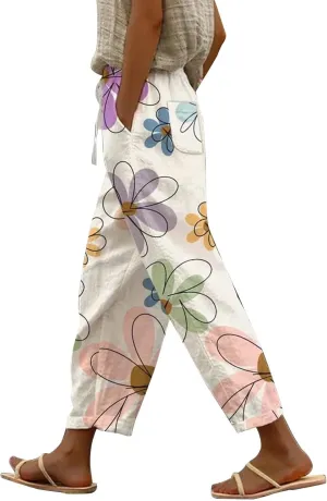 Hawaii Capri Linen Pants for Women Casual Tropical Floral Print Elastic High Waist Drawstring Summer Beach Trousers