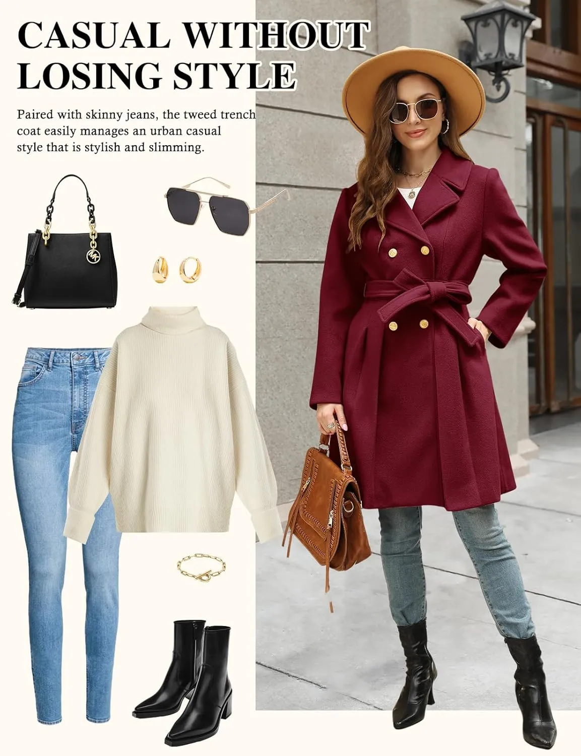 HEEKPEK Womens Wool Blend Trench Coat Slim Double Breasted Notch Lapel Pea Coat Thick A Line Jacket with Pockets(S-XXL)