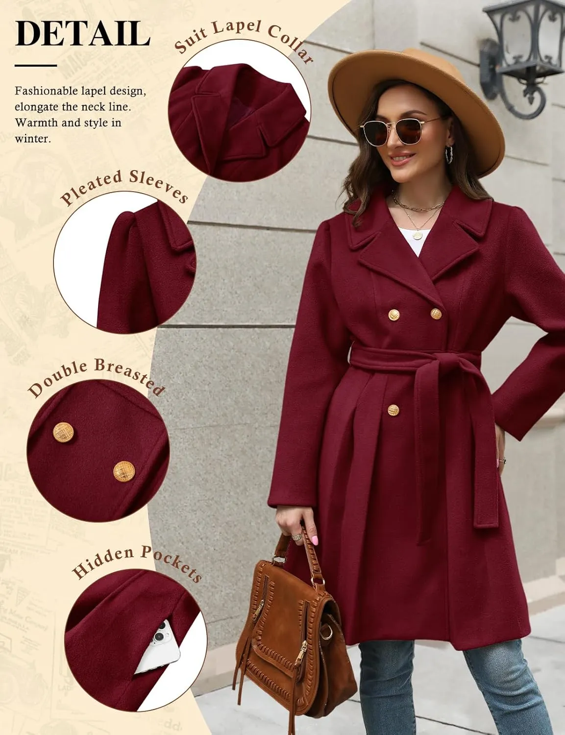HEEKPEK Womens Wool Blend Trench Coat Slim Double Breasted Notch Lapel Pea Coat Thick A Line Jacket with Pockets(S-XXL)