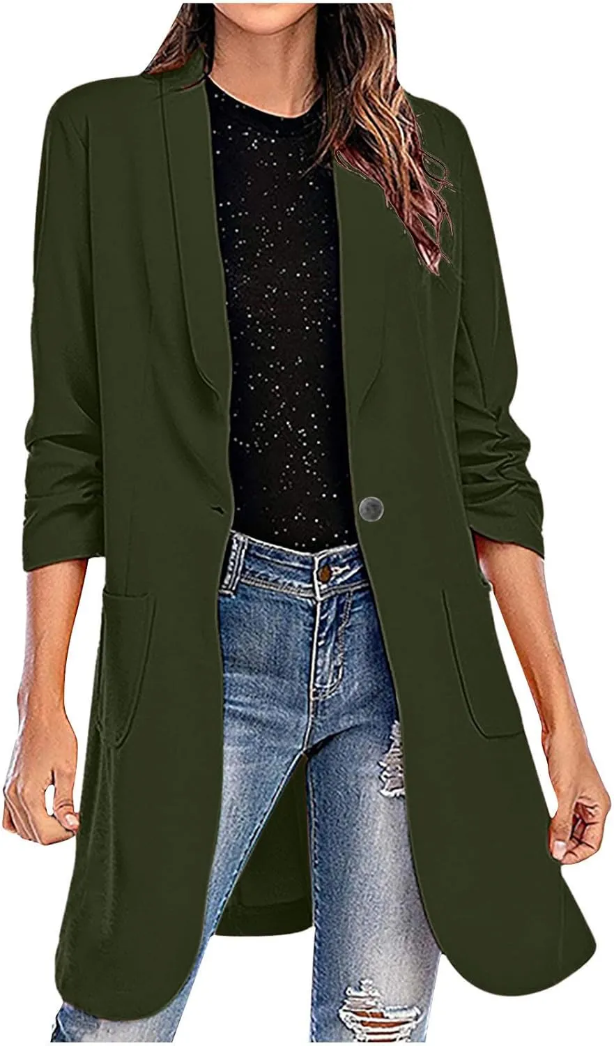 HGps8w Women's Long Blazers Casual Open Front Long Sleeve Lapel Suit Jacket Elegant Plain Work Office Blazer Jackets