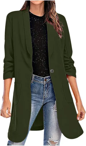HGps8w Women's Long Blazers Casual Open Front Long Sleeve Lapel Suit Jacket Elegant Plain Work Office Blazer Jackets