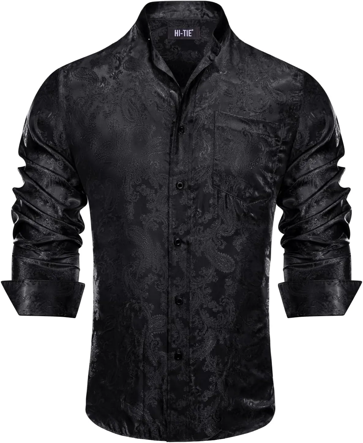 Hi-Tie Mens Band Collar Shirt Button Down Casual Long Sleeve Regular Fit Dress Shirt Prom Wedding Business