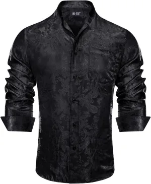 Hi-Tie Mens Band Collar Shirt Button Down Casual Long Sleeve Regular Fit Dress Shirt Prom Wedding Business