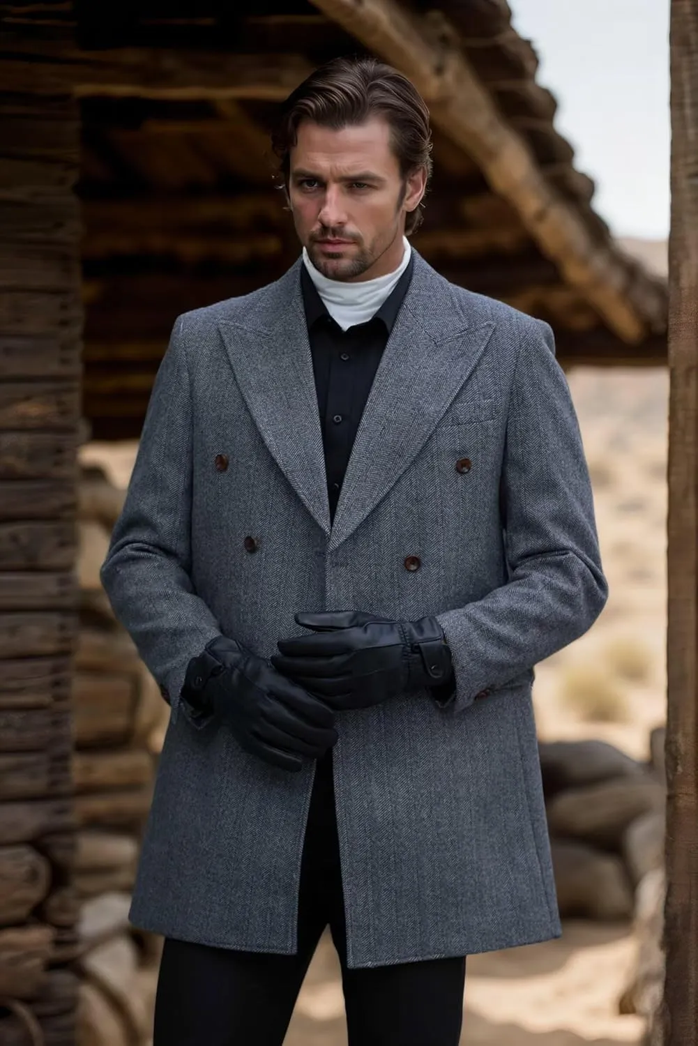 High-End Mens Trench Coat Long Jacket for Mens Tweed Herringbone Wool Blend Pea Coat Double Breasted Winter Warm Overcoat