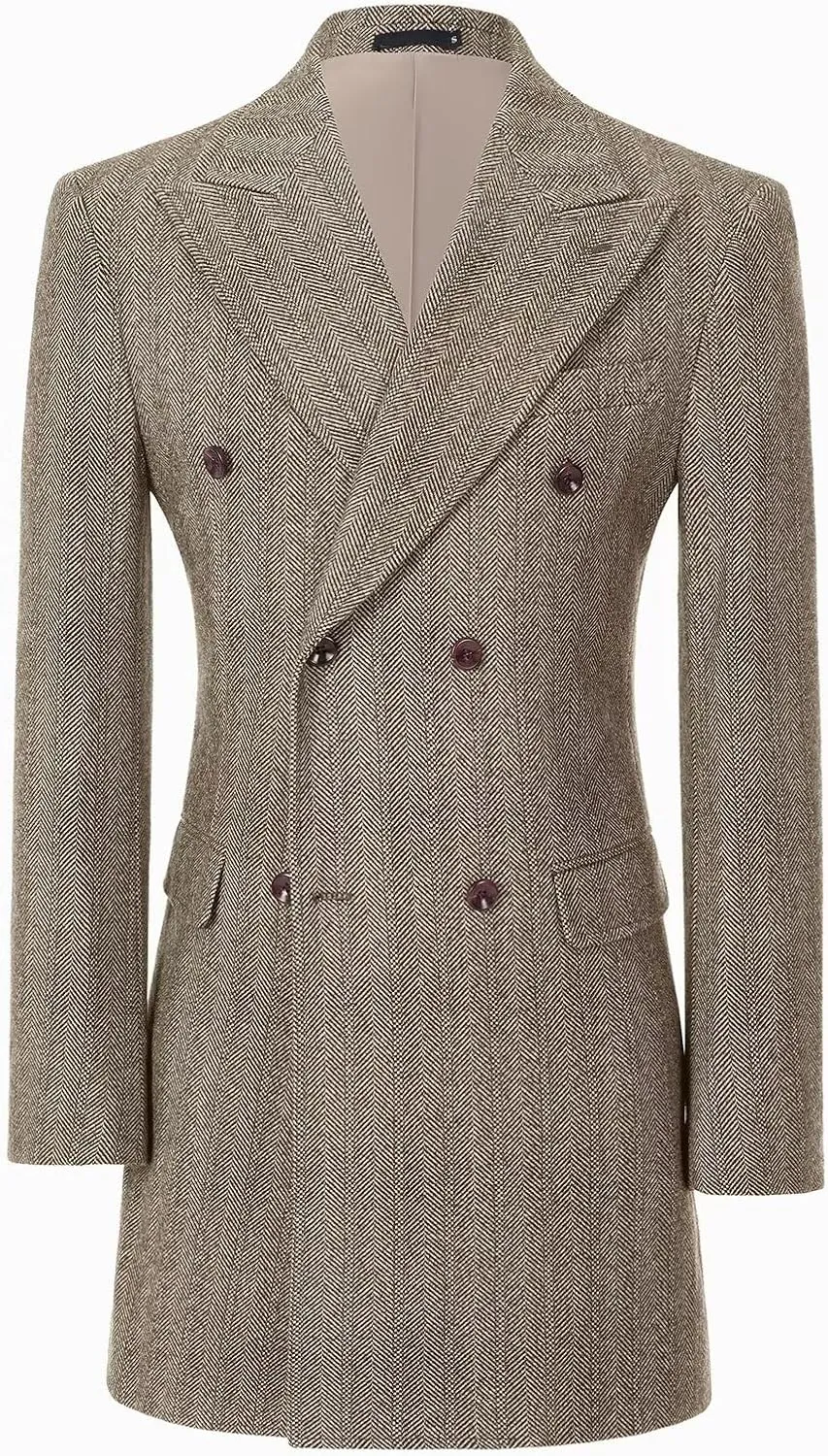 High-End Mens Trench Coat Long Jacket for Mens Tweed Herringbone Wool Blend Pea Coat Double Breasted Winter Warm Overcoat
