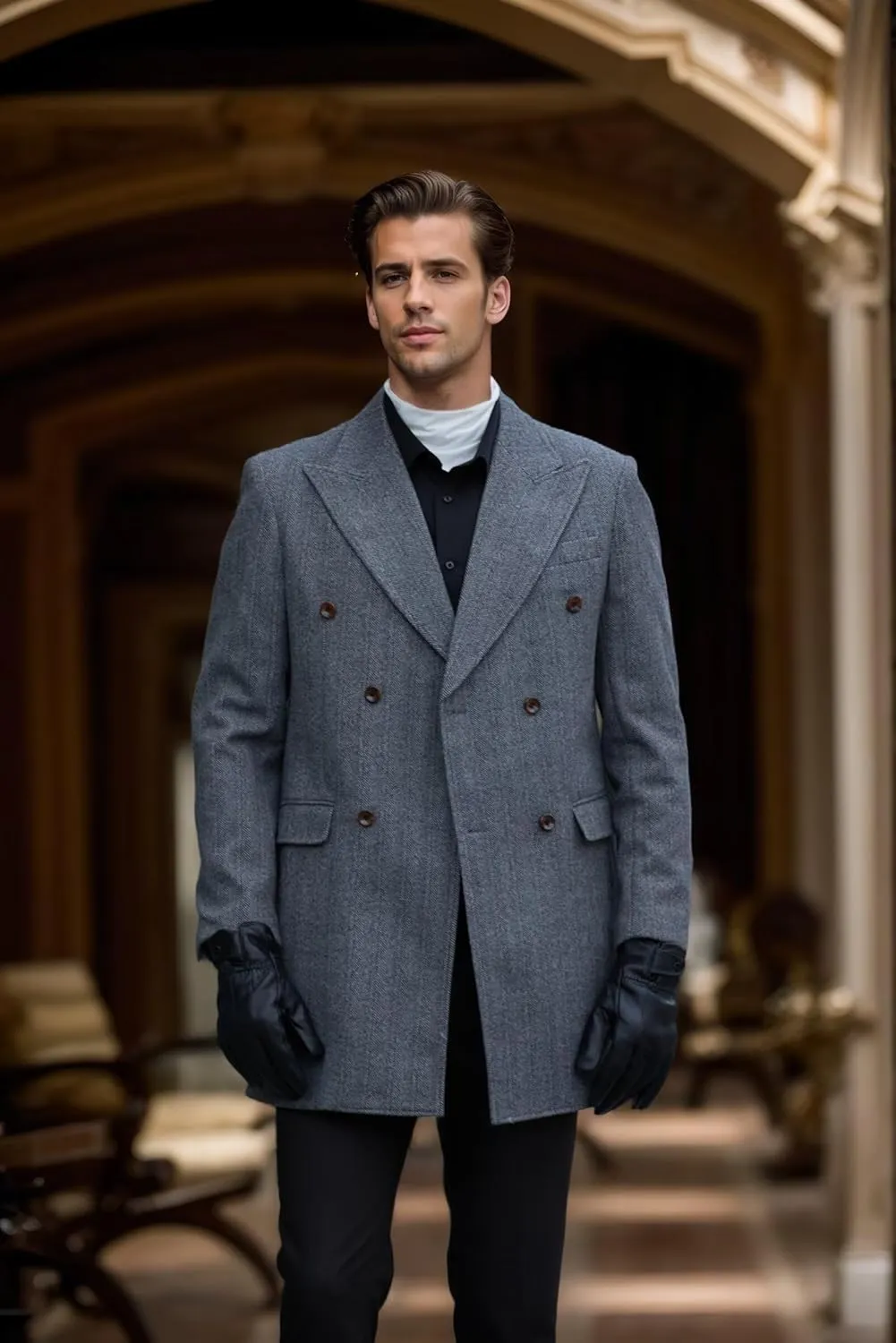 High-End Mens Trench Coat Long Jacket for Mens Tweed Herringbone Wool Blend Pea Coat Double Breasted Winter Warm Overcoat