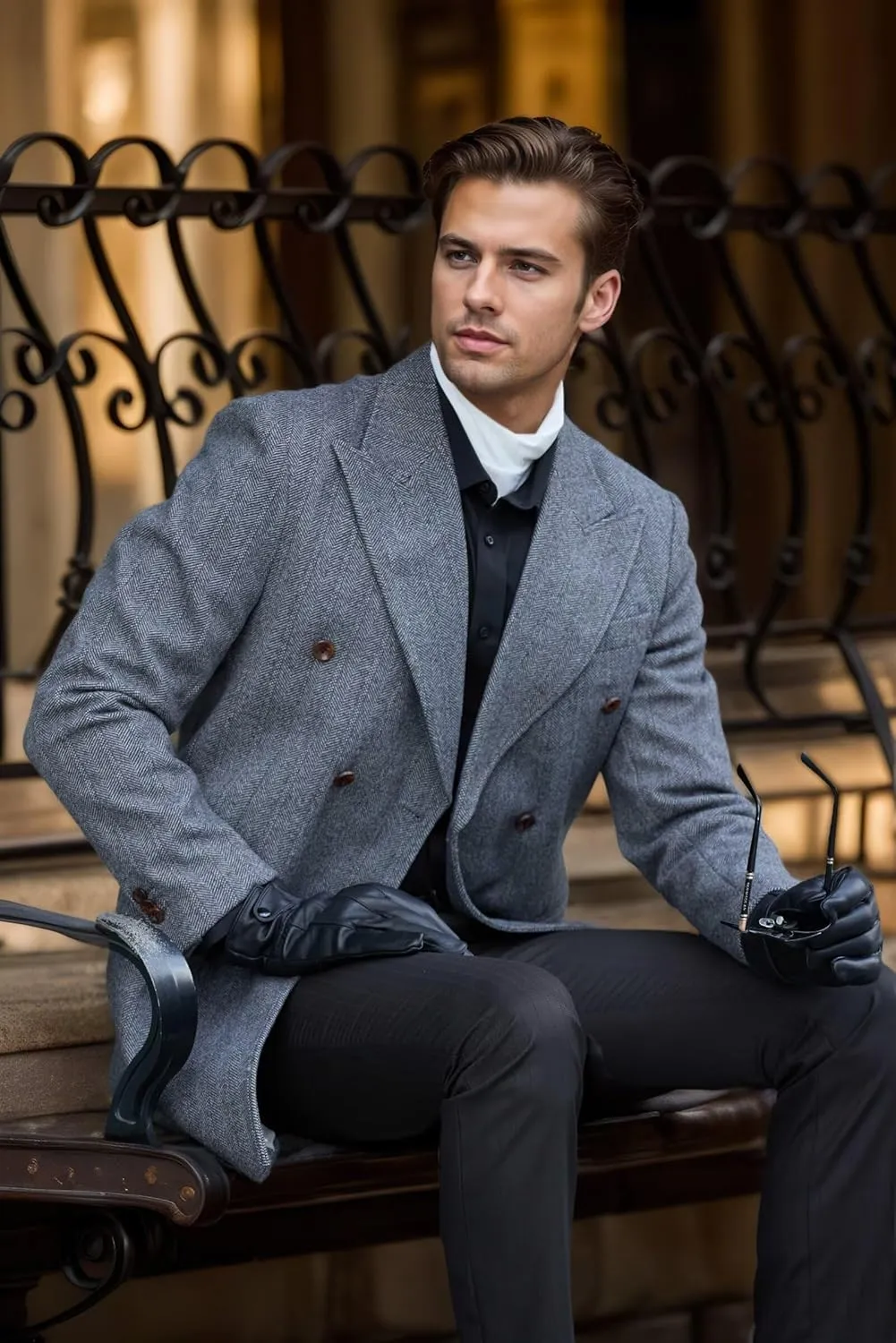 High-End Mens Trench Coat Long Jacket for Mens Tweed Herringbone Wool Blend Pea Coat Double Breasted Winter Warm Overcoat