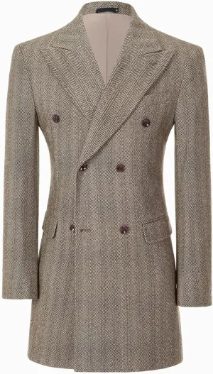 High-End Mens Trench Coat Long Jacket for Mens Tweed Herringbone Wool Blend Pea Coat Double Breasted Winter Warm Overcoat
