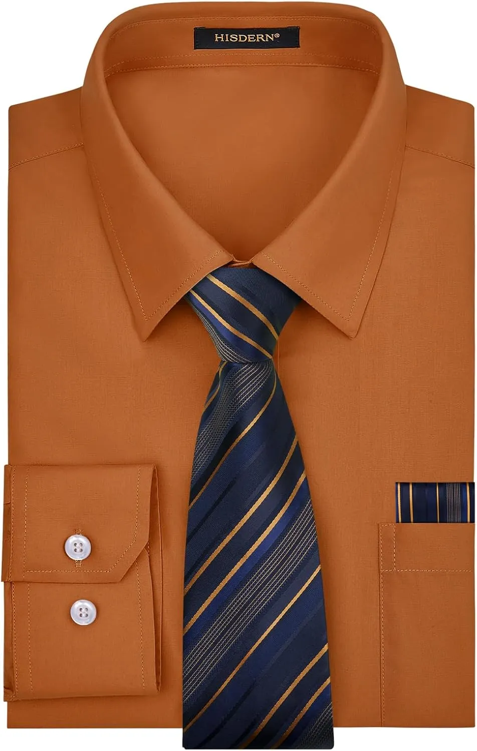 HISDERN Mens Dress Shirt with Tie Pocket Square Set Classic Button Down Shirt Matching Tie Long Sleeve Shirts