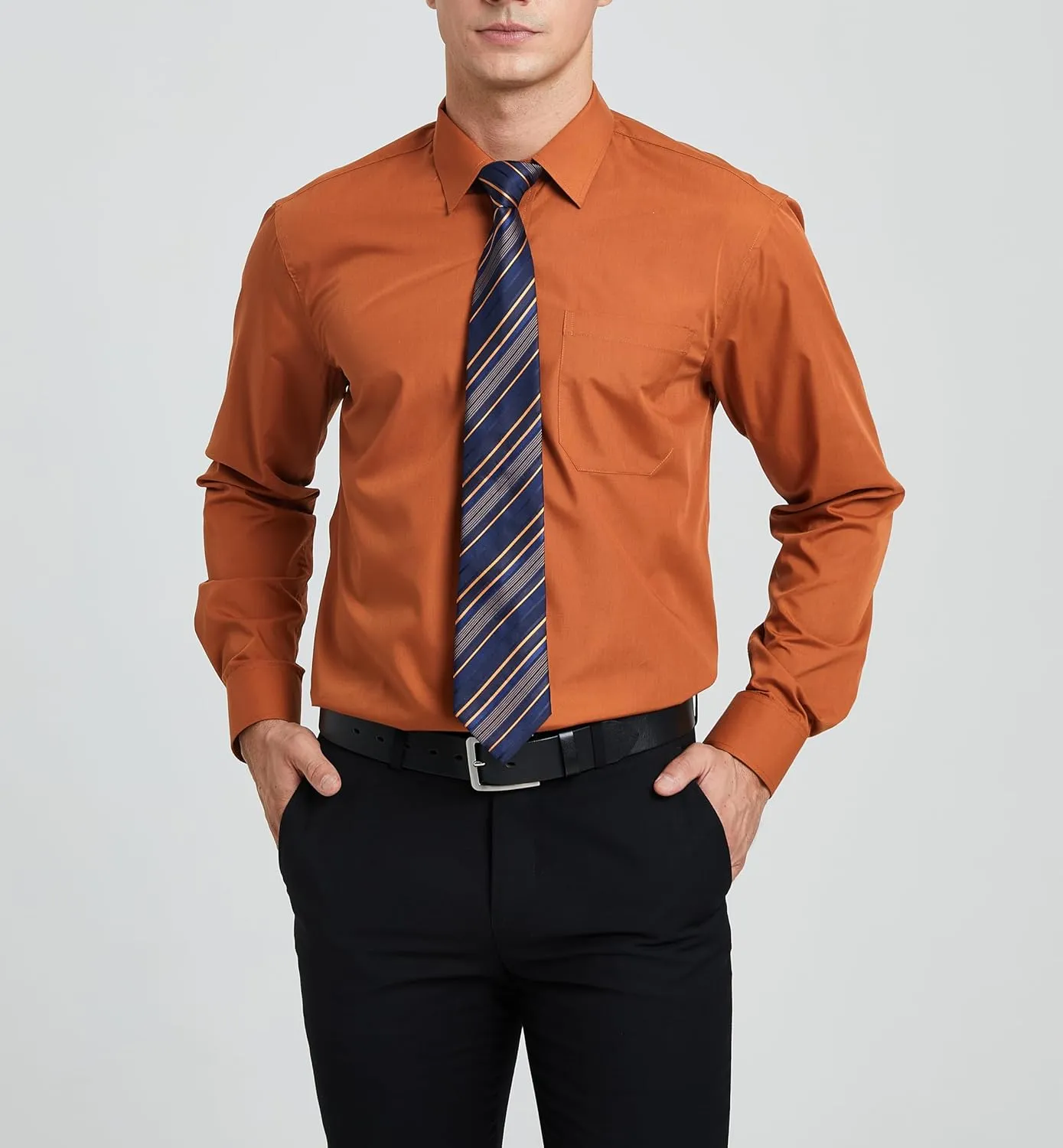 HISDERN Mens Dress Shirt with Tie Pocket Square Set Classic Button Down Shirt Matching Tie Long Sleeve Shirts