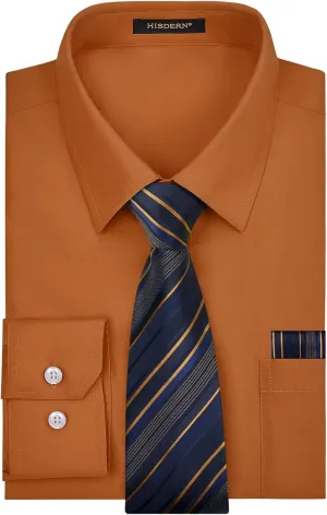 HISDERN Mens Dress Shirt with Tie Pocket Square Set Classic Button Down Shirt Matching Tie Long Sleeve Shirts