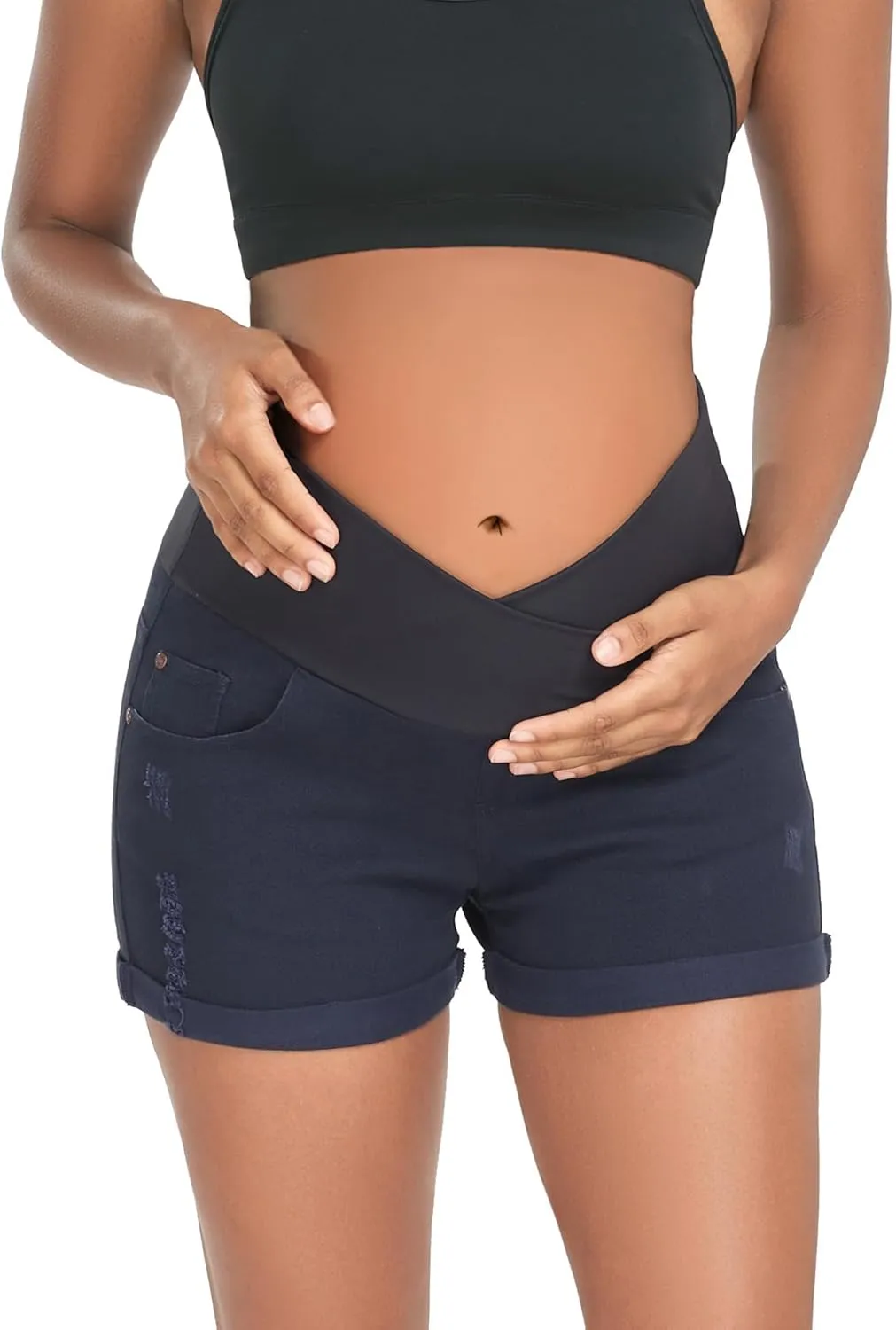 HOFISH Womens Maternity Jeans Shorts Over The Belly Stretchy Comfy Denim Pants Casual Workout Pregnancy Shorts