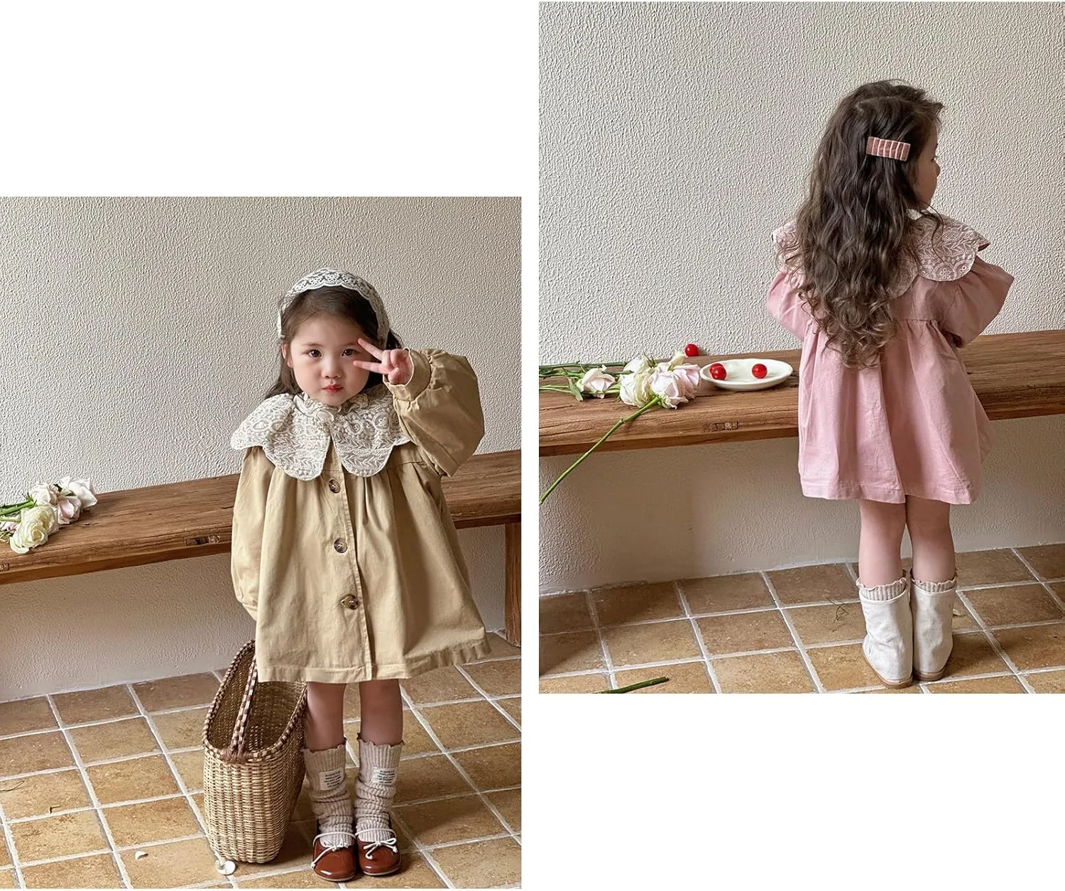 HOOLCHEAN Toddler Little Girls Mid-length Trench Coat with Lace Ruffle Collar for 1-7 Years