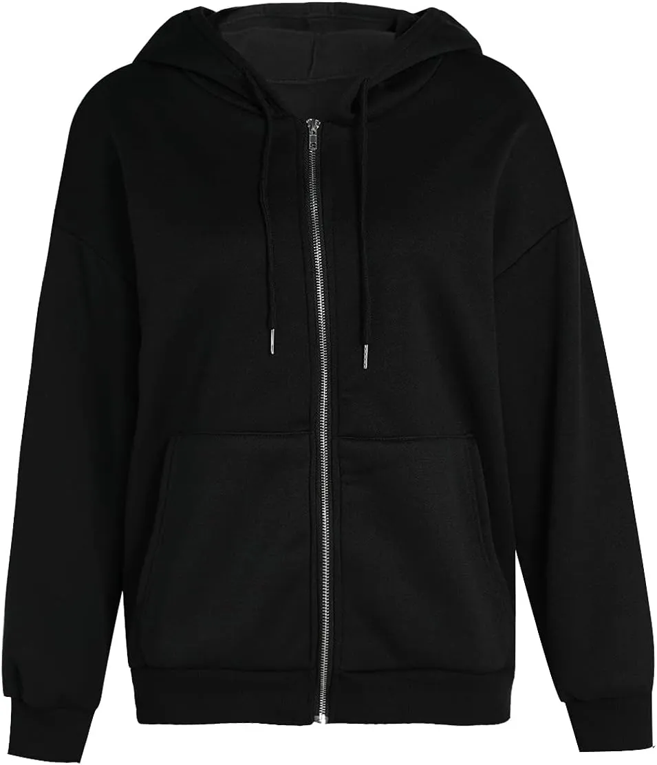 ICNGLKSND Women Zip Up Hoodie Sweatshirt Solid Color Oversized Casual Coat Fall Goth Jacket Streetwear