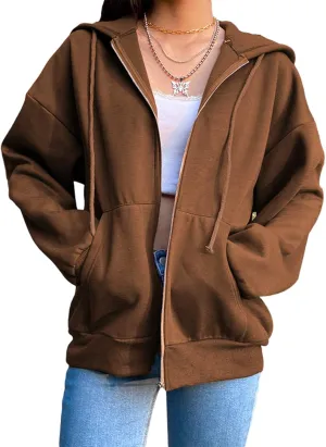 ICNGLKSND Women Zip Up Hoodie Sweatshirt Solid Color Oversized Casual Coat Fall Goth Jacket Streetwear