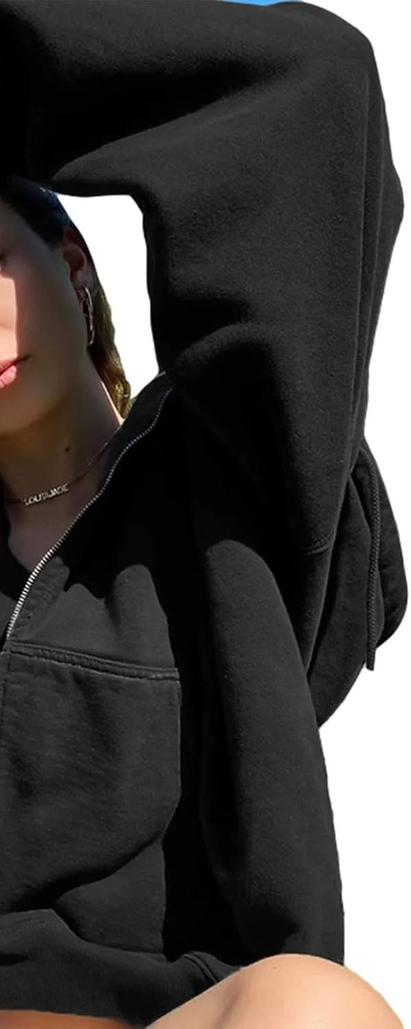 ICNGLKSND Women Zip Up Hoodie Sweatshirt Solid Color Oversized Casual Coat Fall Goth Jacket Streetwear