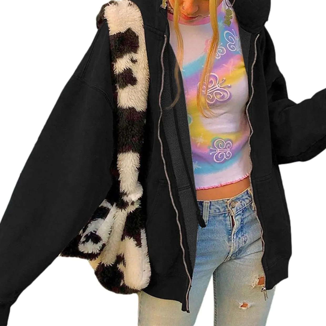 ICNGLKSND Women Zip Up Hoodie Sweatshirt Solid Color Oversized Casual Coat Fall Goth Jacket Streetwear