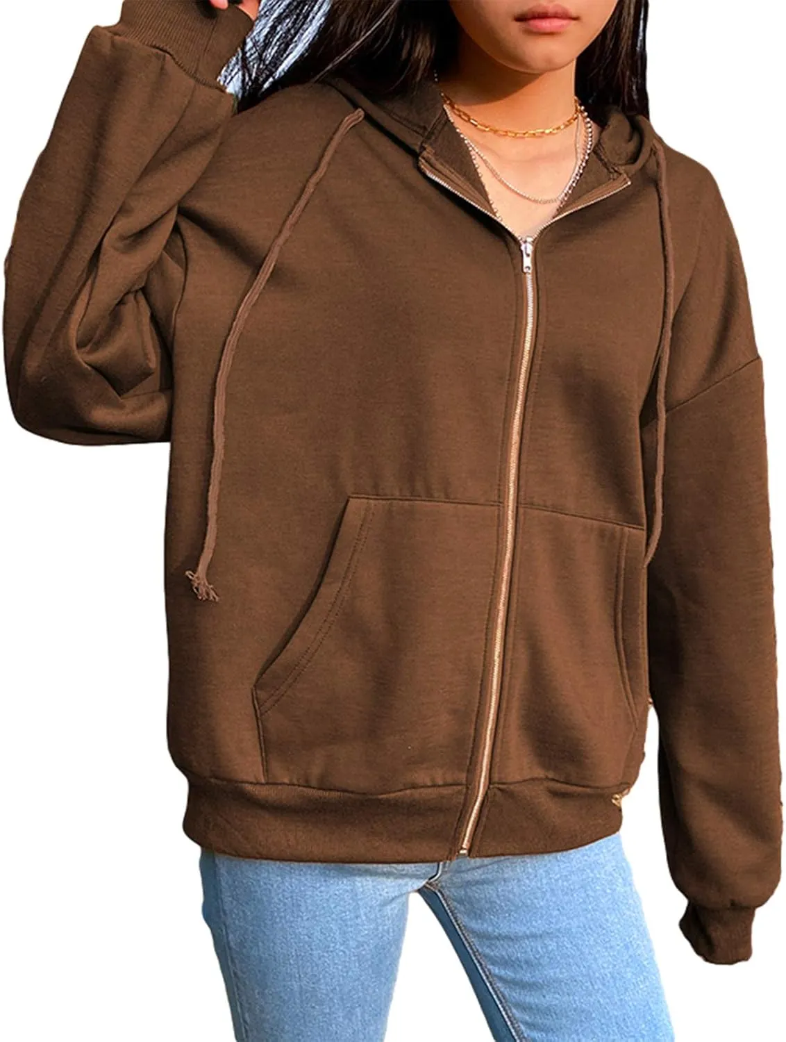 ICNGLKSND Women Zip Up Hoodie Sweatshirt Solid Color Oversized Casual Coat Fall Goth Jacket Streetwear