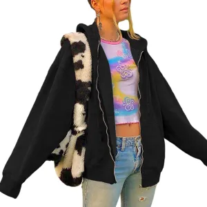 ICNGLKSND Women Zip Up Hoodie Sweatshirt Solid Color Oversized Casual Coat Fall Goth Jacket Streetwear